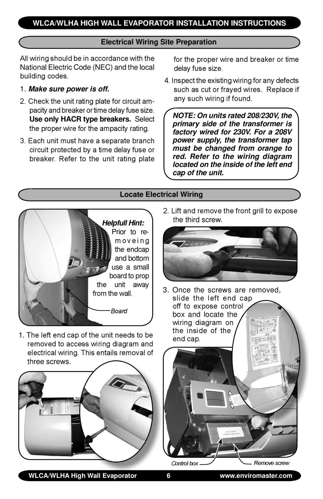 EMI S1C WLCA/WLHA High Wall Evaporator Installation Instructions, Electrical Wiring Site Preparation, Helpfull Hint 