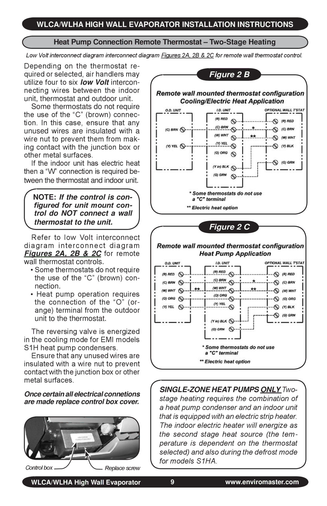 EMI S1C, WLHA manual Heat pump connection Remote thermostat Two-stage Heating 