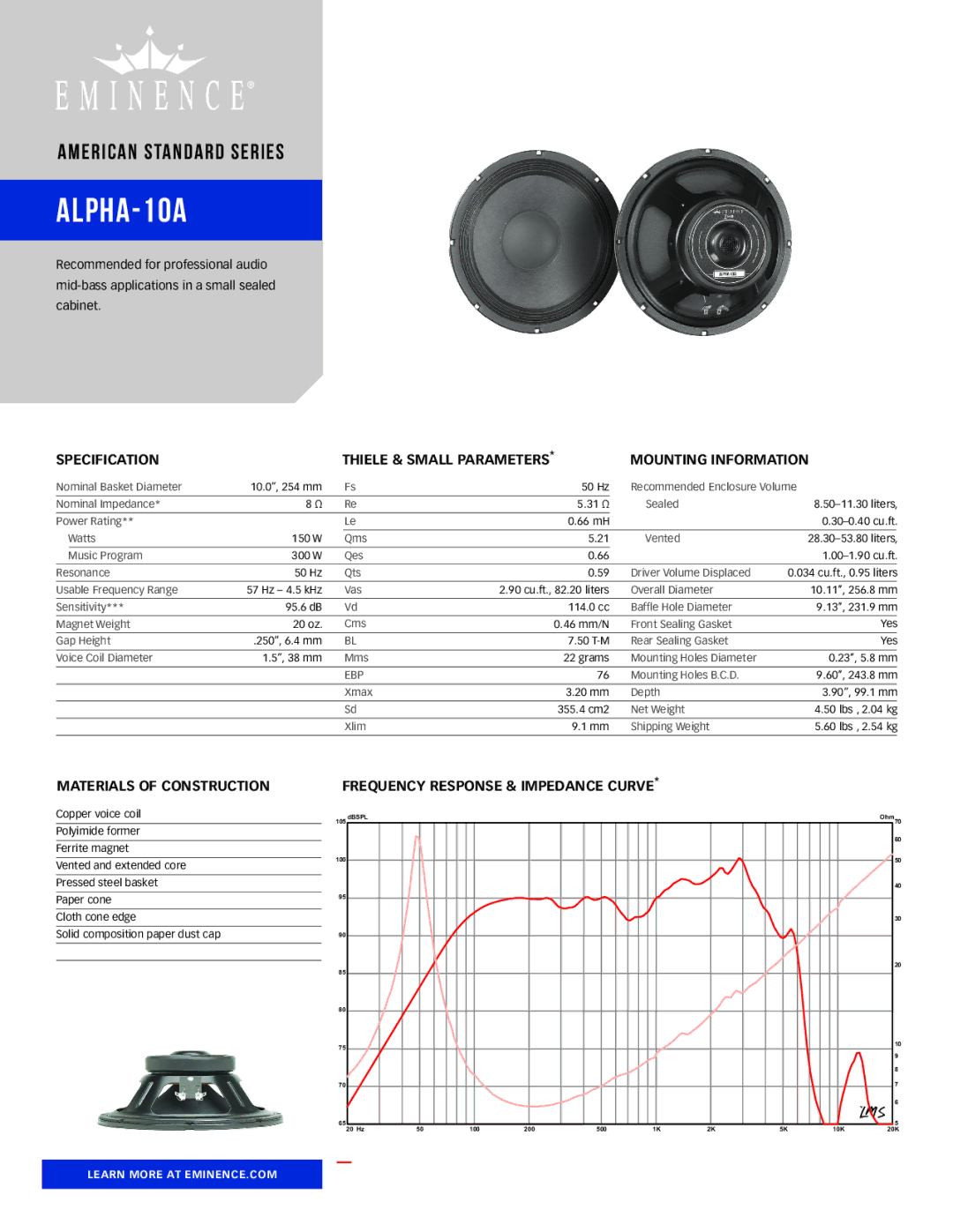 Eminence Speaker ALPHA10A manual ALPHA-10A, Specification, Thiele & Small Parameters Mounting Information 