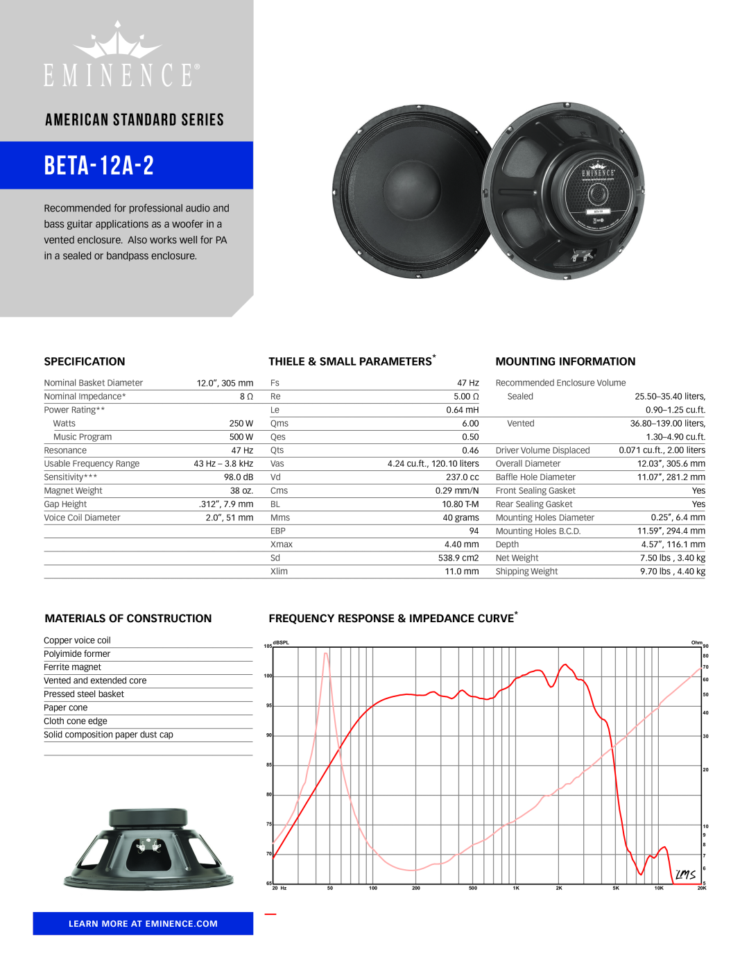 Eminence Speaker BETA12A manual BETA-12A-2, American Standard Series, SPL vs Freq, otes, Specification 