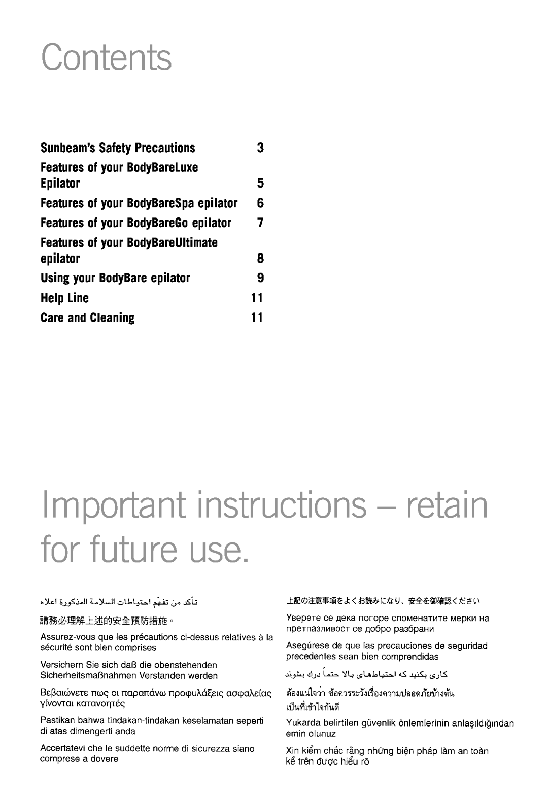 Emjoi AP9GAR Contents, Important instructions - retain for future use, Sunbeam’s Safety Precautions, Epilator, epilator 