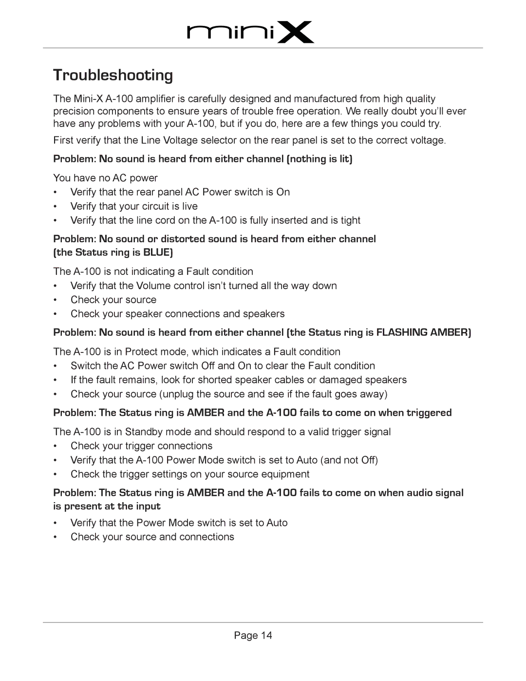 Emotiva A-100 user manual Troubleshooting 