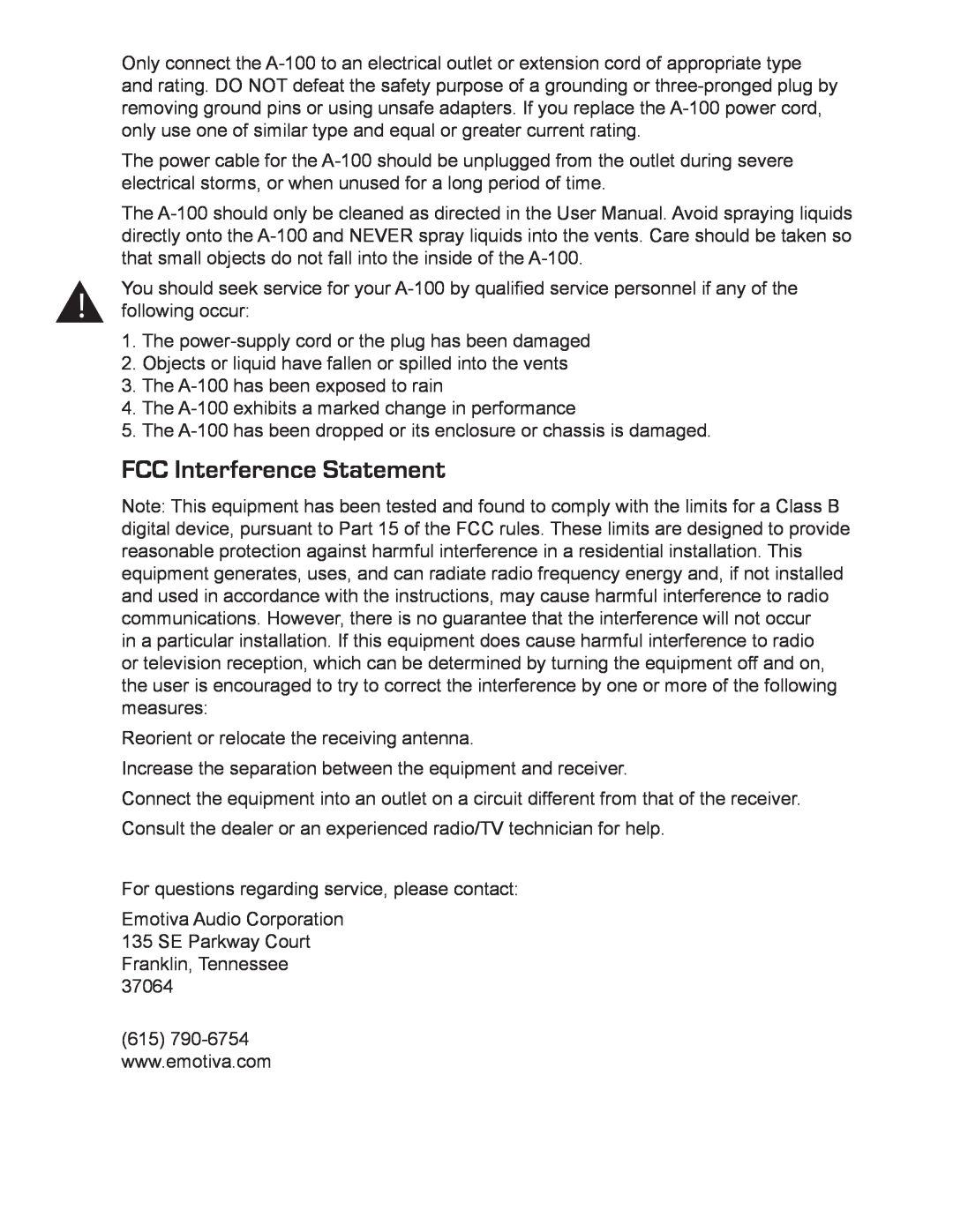 Emotiva A-100 user manual FCC Interference Statement 