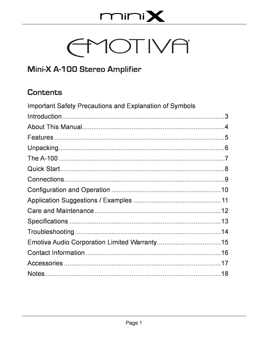 Emotiva user manual Mini-X A-100Stereo Amplifier, Contents 