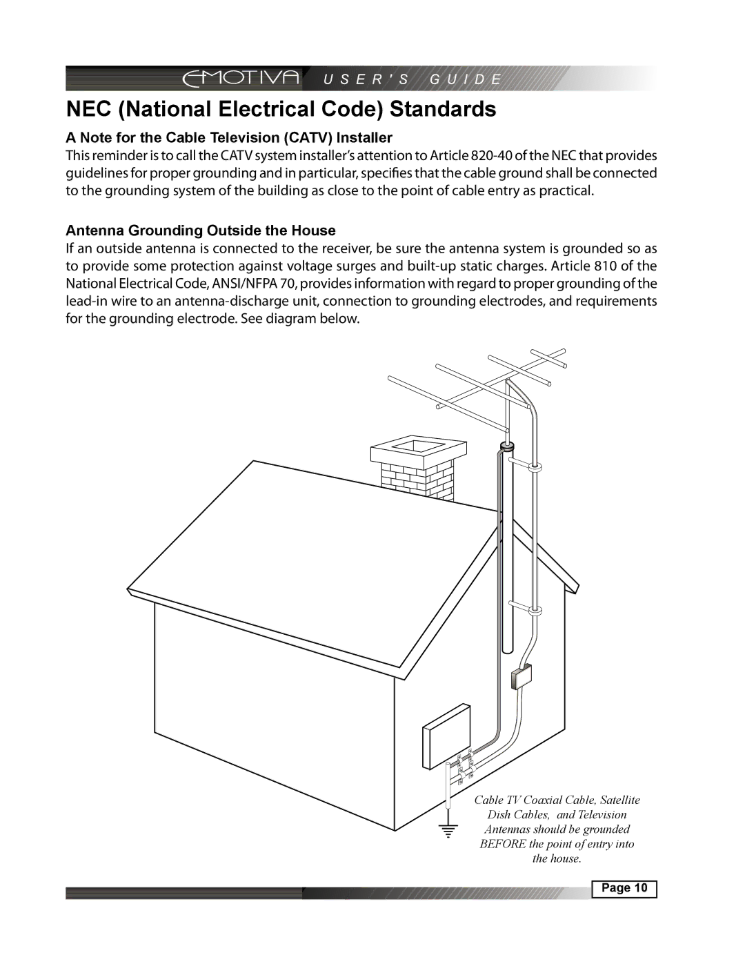 Emotiva DMC-1 manual NEC National Electrical Code Standards, Antenna Grounding Outside the House 