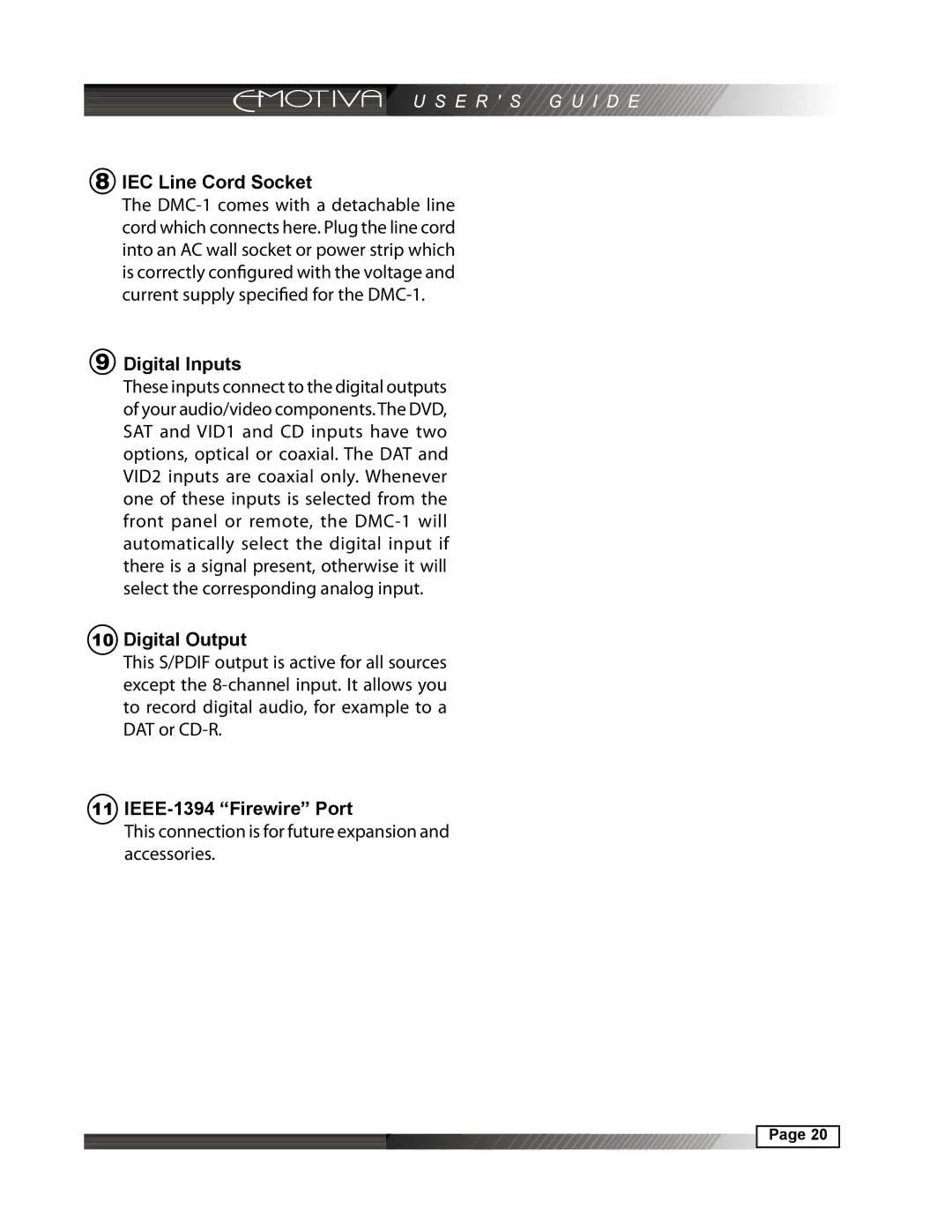 Emotiva DMC-1 manual IEC Line Cord Socket, Digital Inputs, IEEE-1394 Firewire Port 