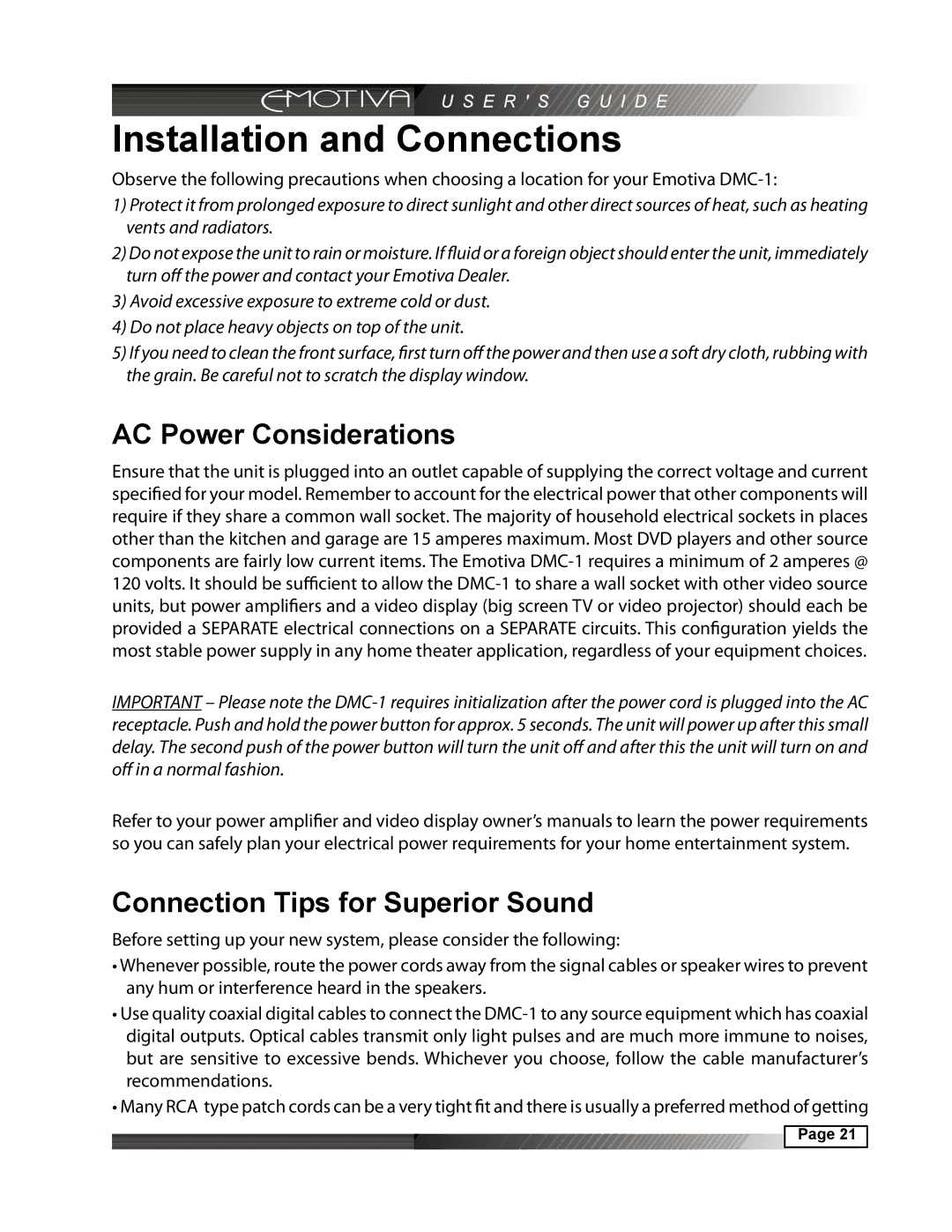 Emotiva DMC-1 manual Installation and Connections, AC Power Considerations, Connection Tips for Superior Sound 