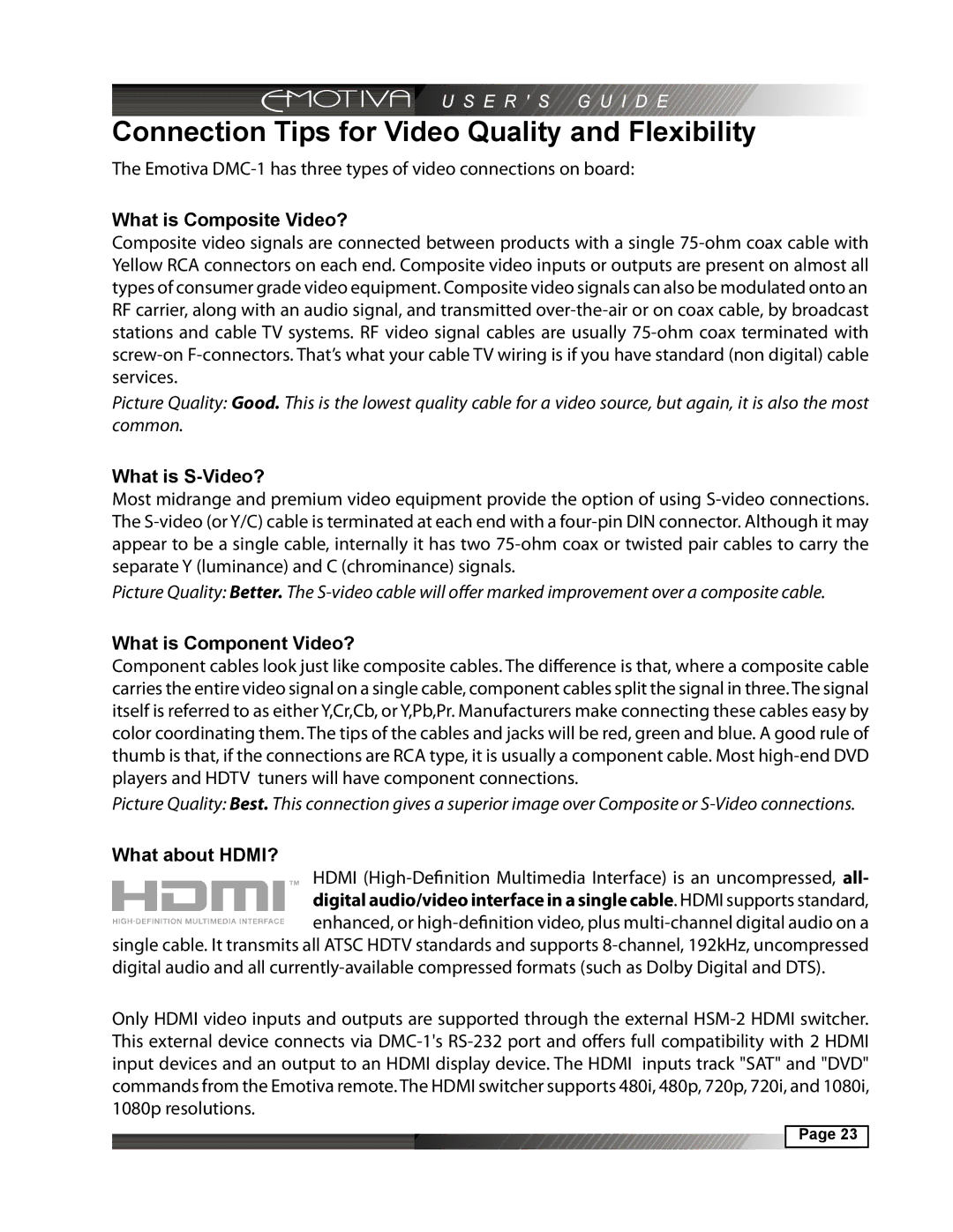 Emotiva DMC-1 manual Connection Tips for Video Quality and Flexibility, What is Composite Video?, What is S-Video? 