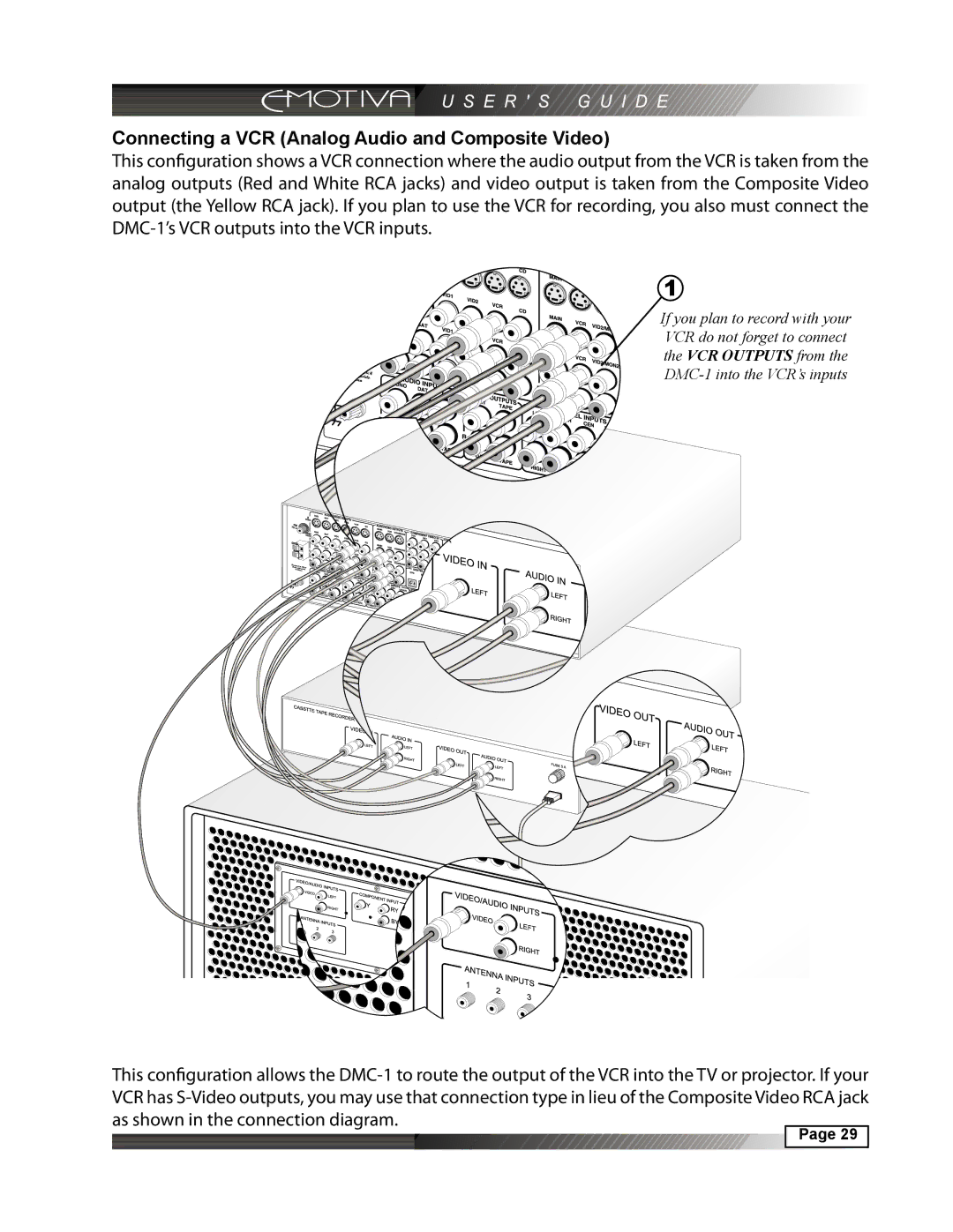 Emotiva DMC-1 manual Connecting a VCR Analog Audio and Composite Video 