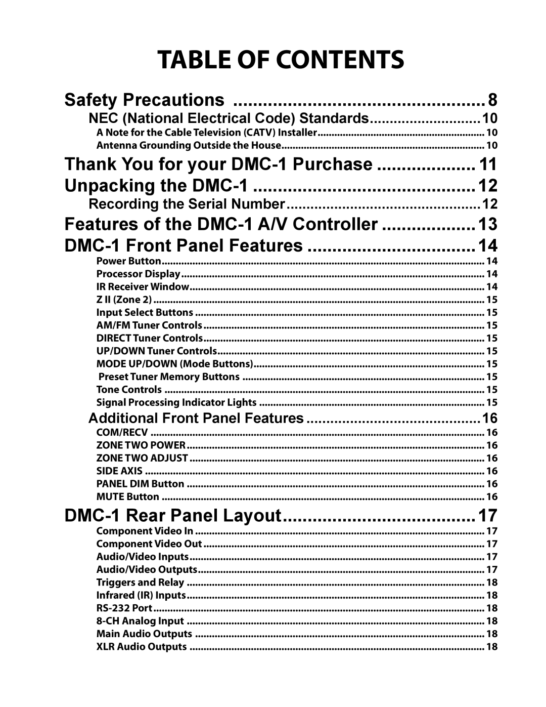 Emotiva DMC-1 manual Table of Contents 