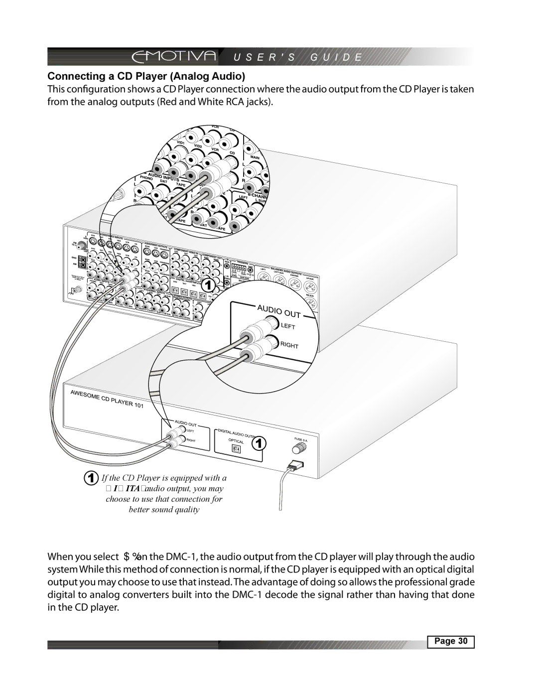 Emotiva DMC-1 manual Connecting a CD Player Analog Audio 