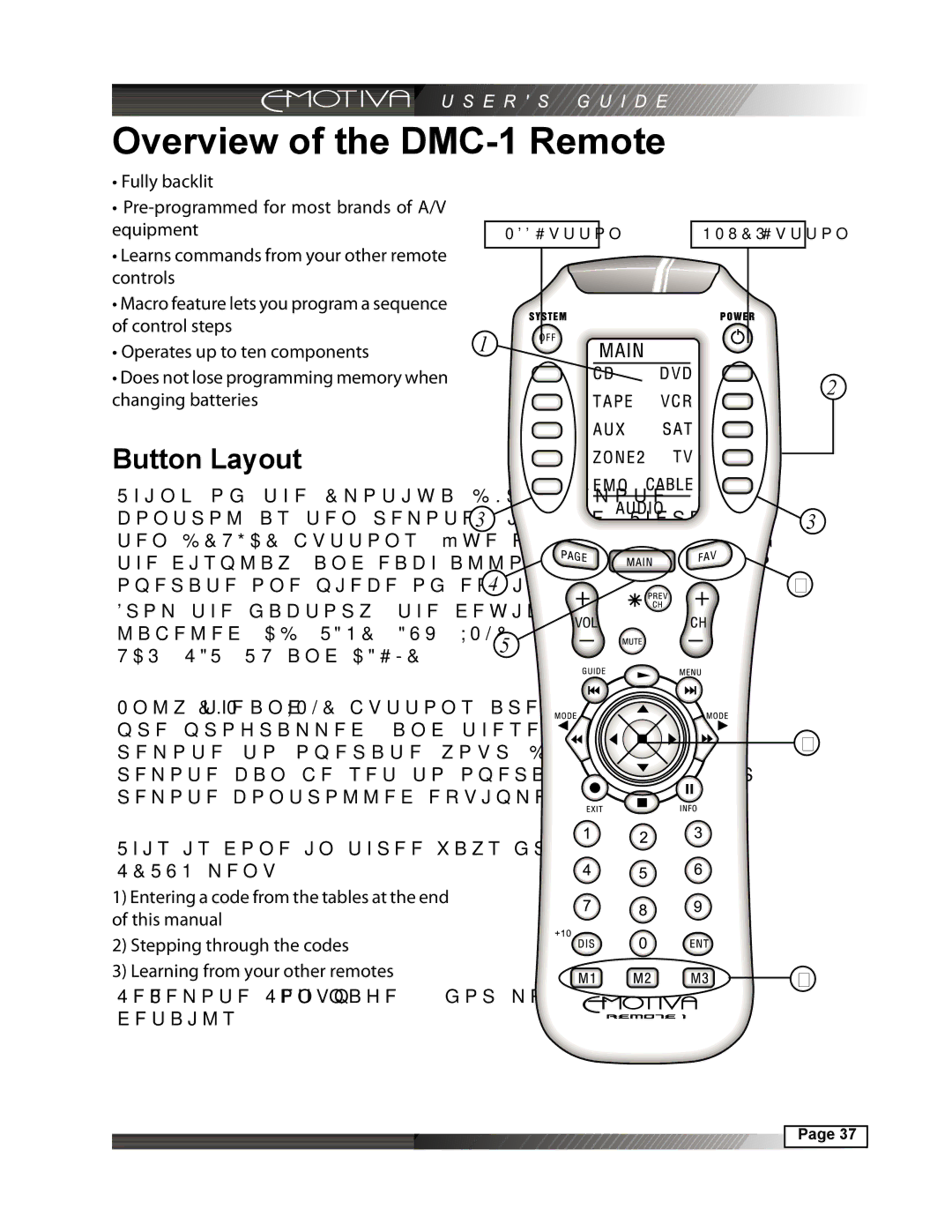 Emotiva manual Overview of the DMC-1 Remote, Button Layout 