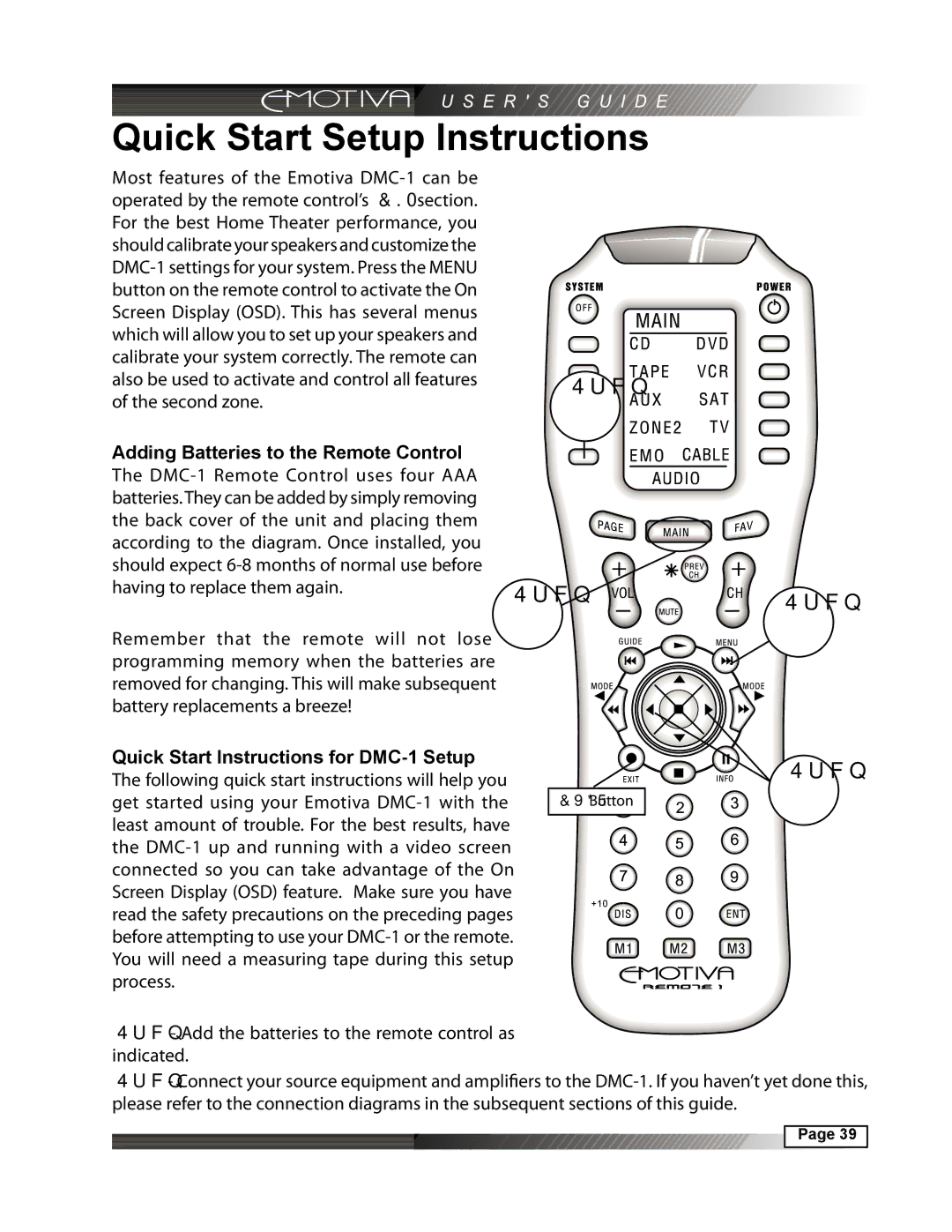 Emotiva DMC-1 manual Quick Start Setup Instructions, Adding Batteries to the Remote Control 