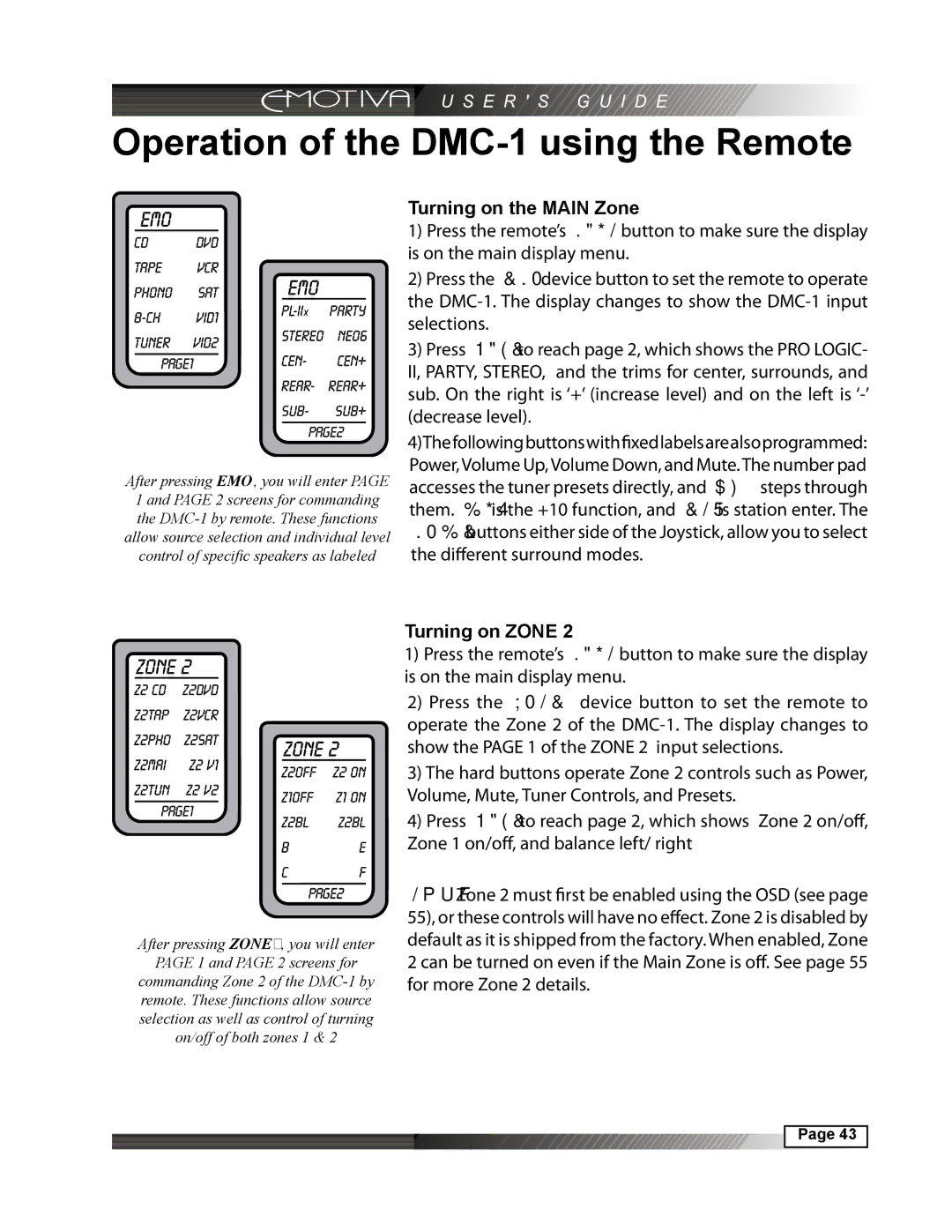 Emotiva manual Operation of the DMC-1 using the Remote, Turning on the Main Zone, Turning on Zone 