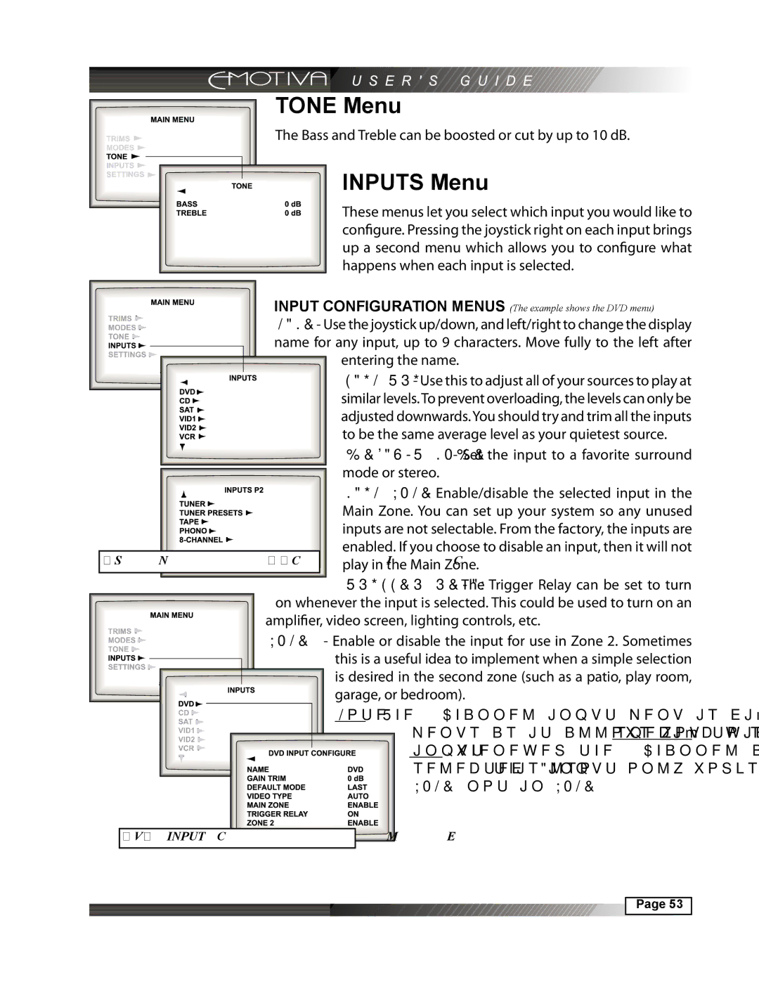 Emotiva DMC-1 manual Tone Menu, Inputs Menu, Selected. Also, this input only works in the Main 