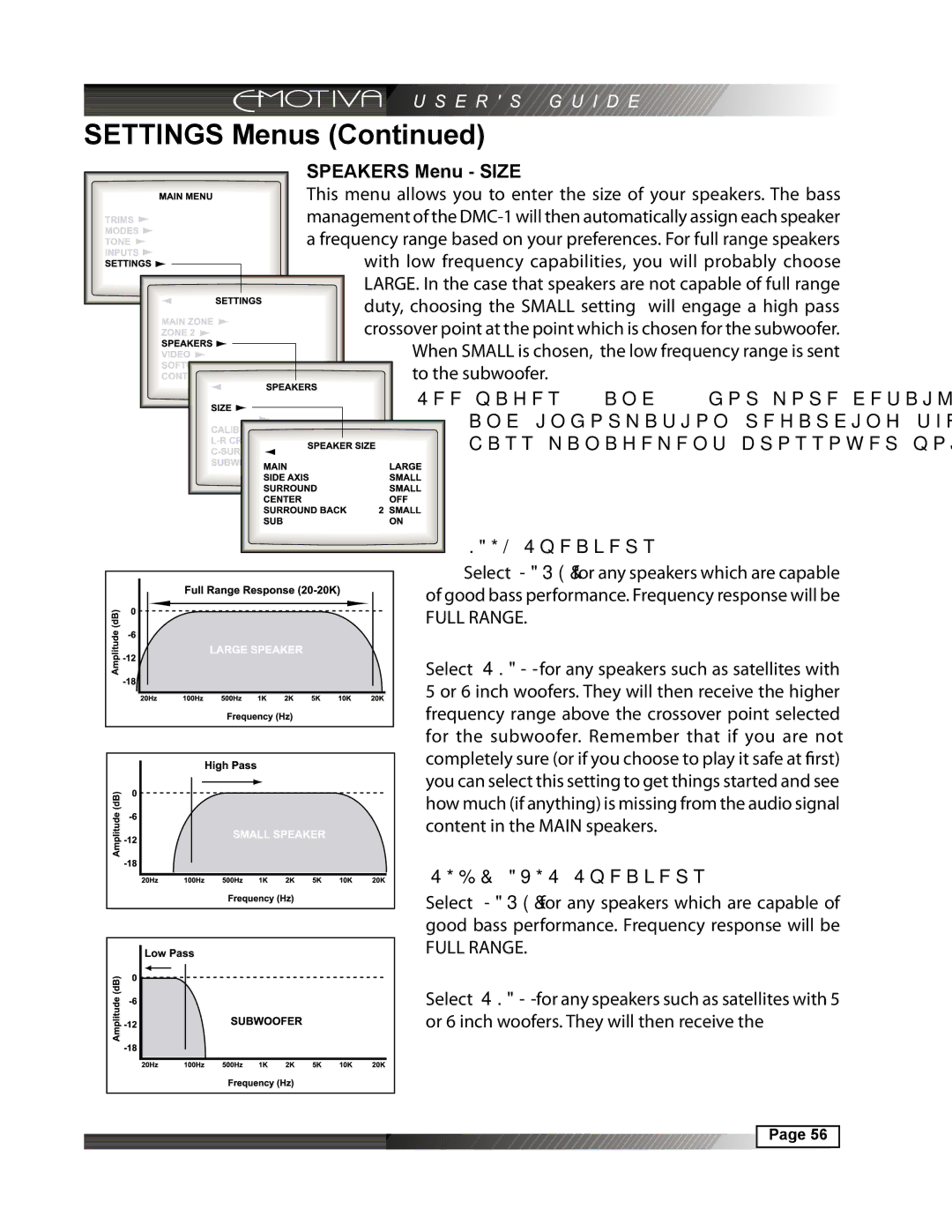 Emotiva DMC-1 manual Speakers Menu Size, Main Speakers, SIDE-AXIS Speakers 