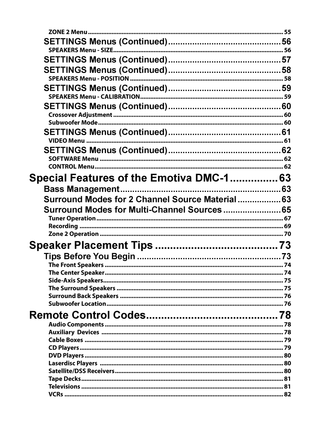 Emotiva DMC-1 Zone 2 Menu, Subwoofer Mode, Video Menu, Tuner Operation Recording Zone 2 Operation, Auxiliary Devices, VCRs 