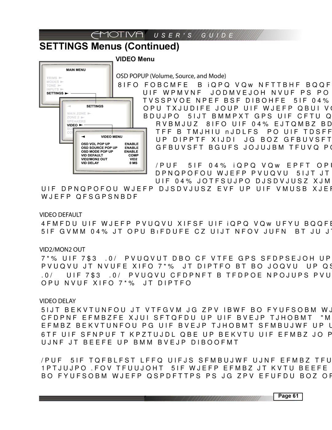 Emotiva DMC-1 manual OSD Popup Volume, Source, and Mode, Video Default, VID2/MON2 OUT, Video Delay 