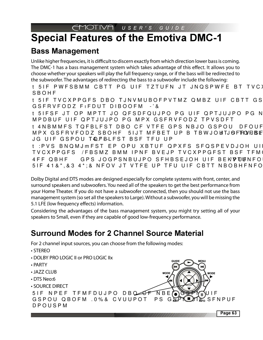 Emotiva manual Special Features of the Emotiva DMC-1, Bass Management, Surround Modes for 2 Channel Source Material 