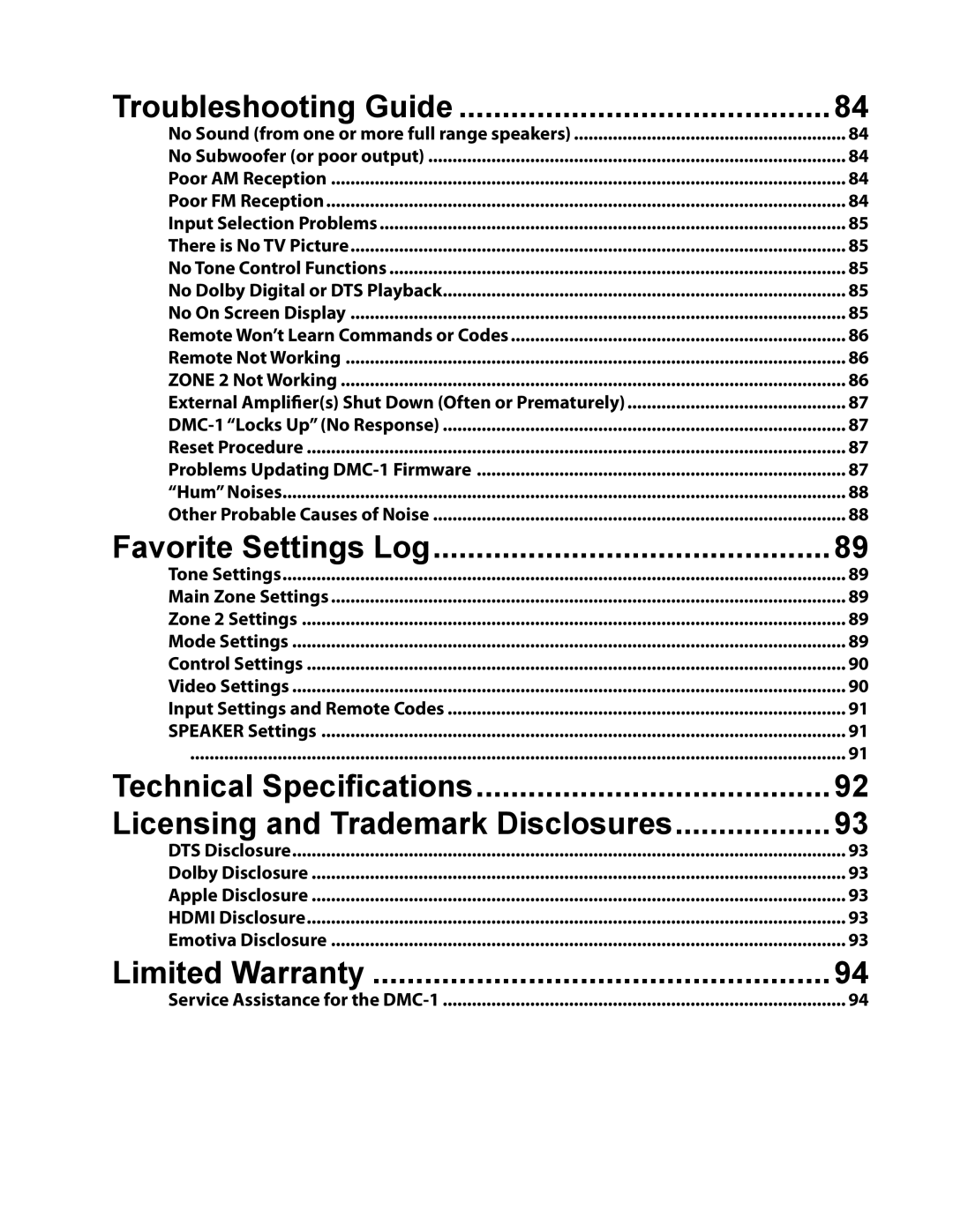 Emotiva DMC-1 manual Technical Specifications Licensing and Trademark Disclosures 