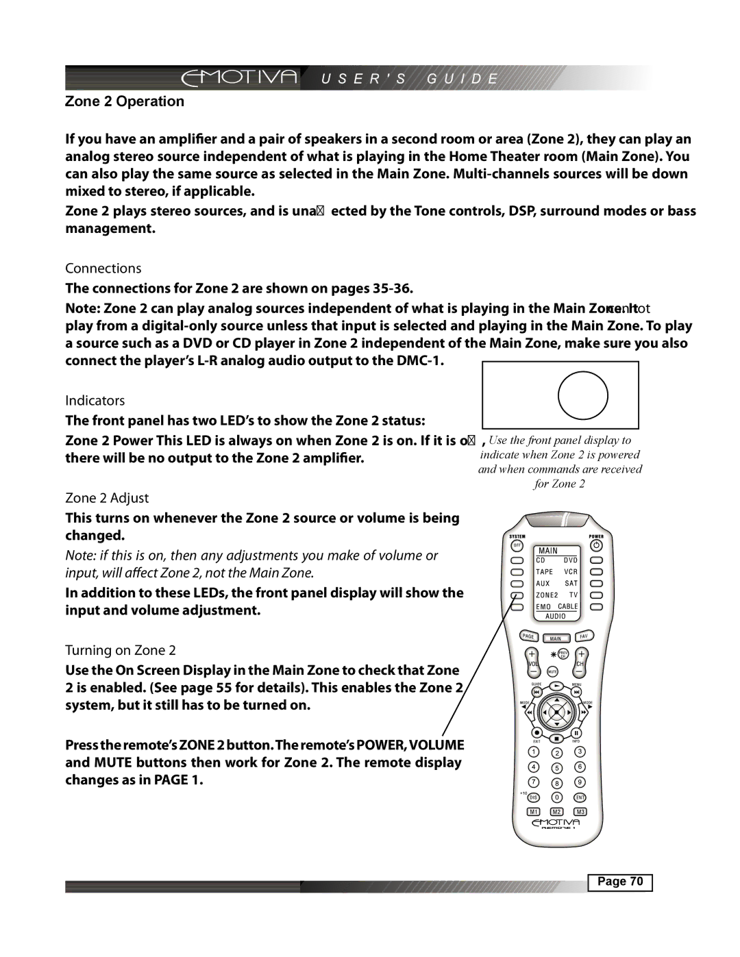 Emotiva DMC-1 manual Connections, Indicators, Zone 2 Adjust 