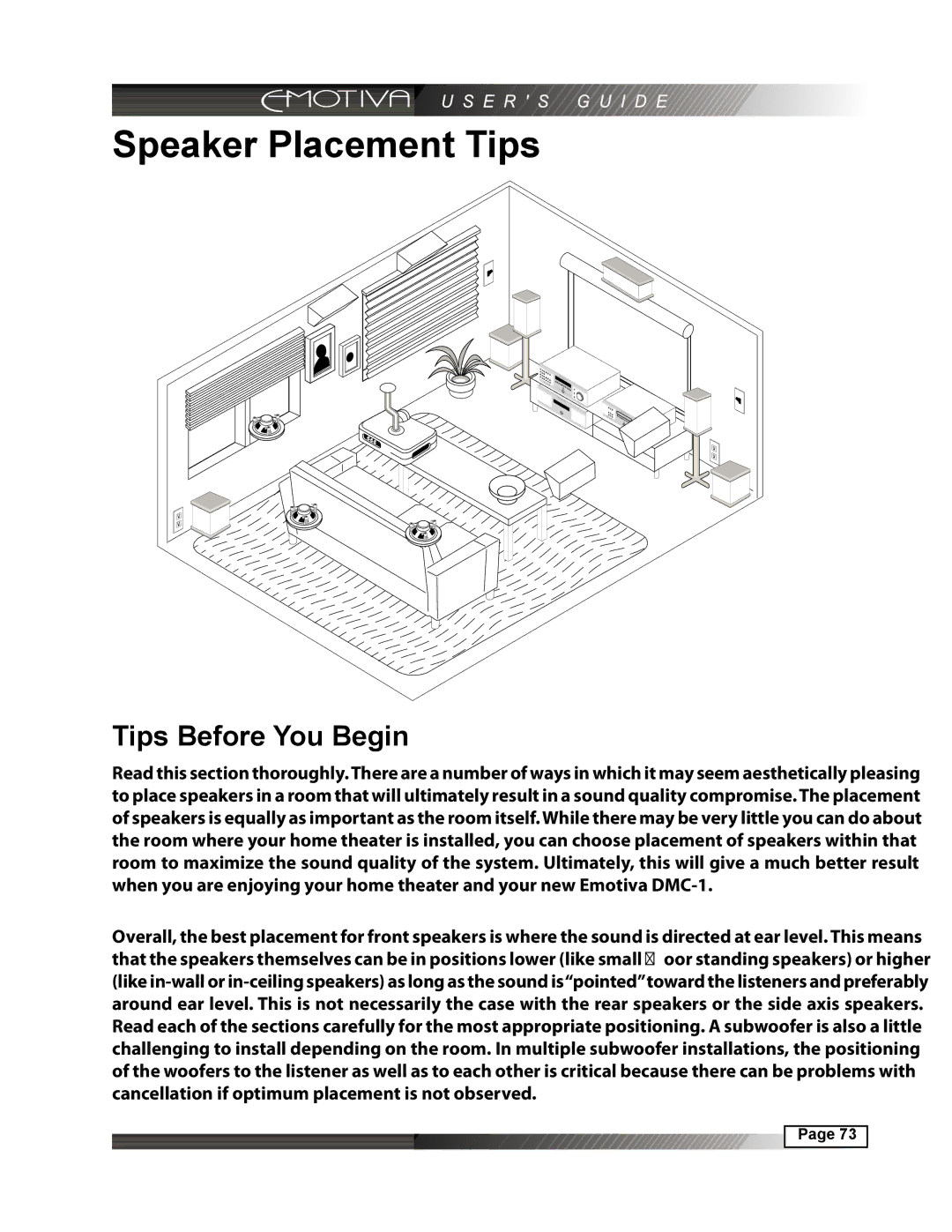 Emotiva DMC-1 manual Speaker Placement Tips, Tips Before You Begin 