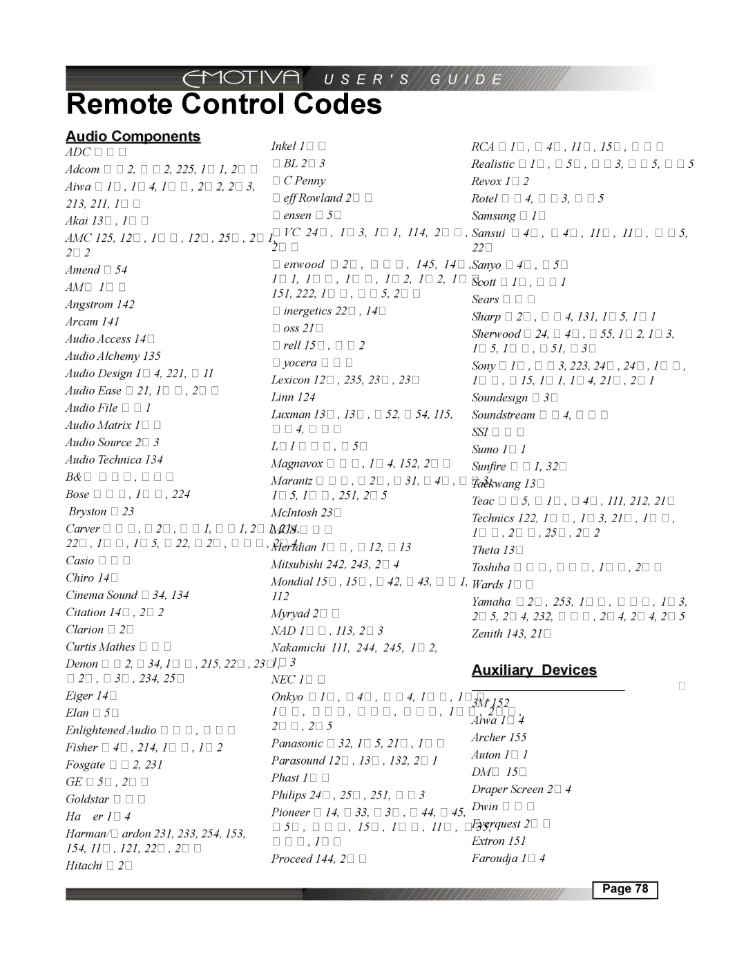 Emotiva DMC-1 manual Remote Control Codes, Audio Components 