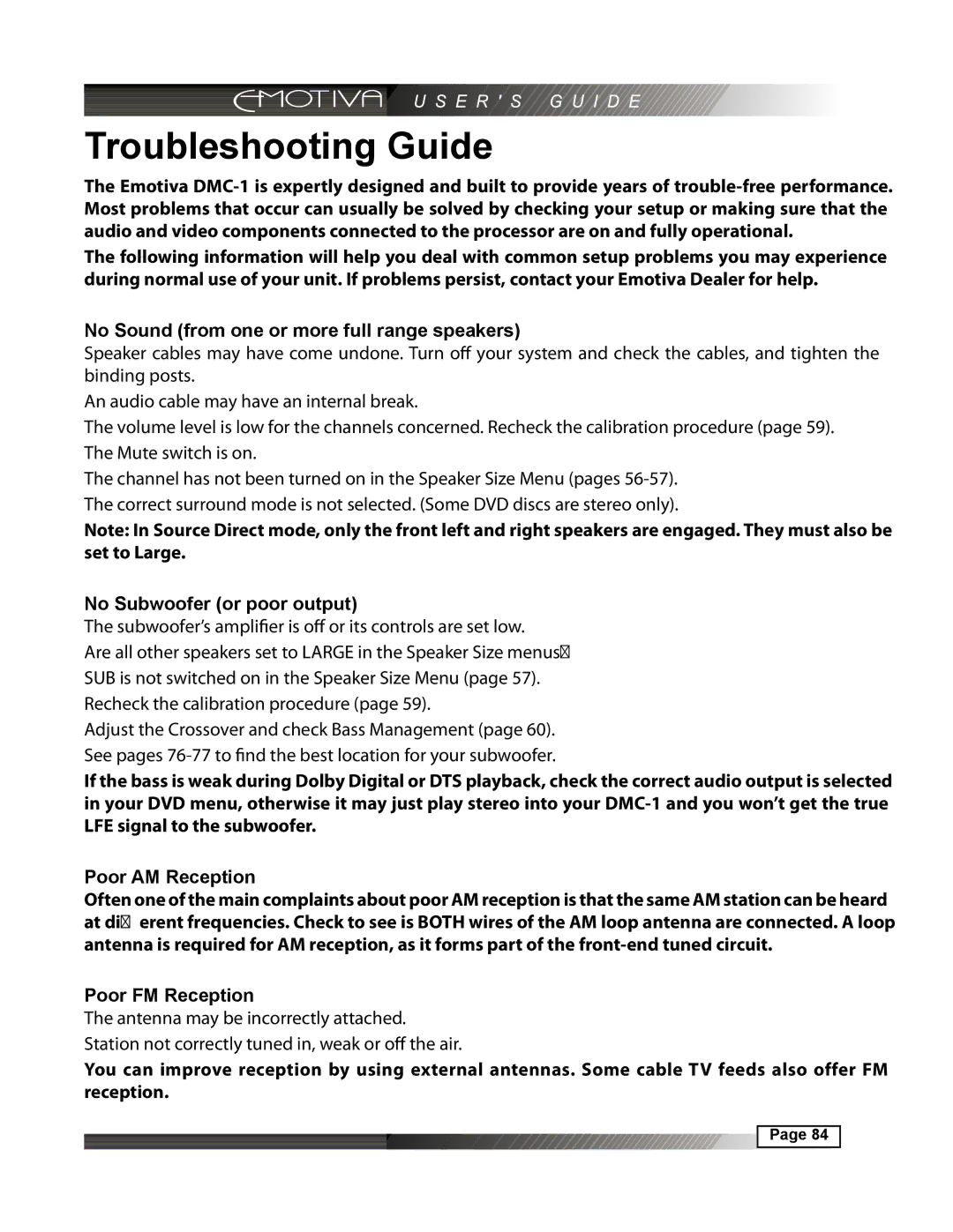 Emotiva DMC-1 manual Troubleshooting Guide, No Sound from one or more full range speakers 