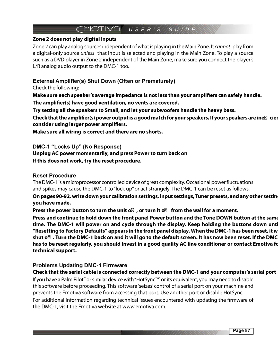 Emotiva DMC-1 manual Zone 2 does not play digital inputs, External Amplifiers Shut Down Often or Prematurely 