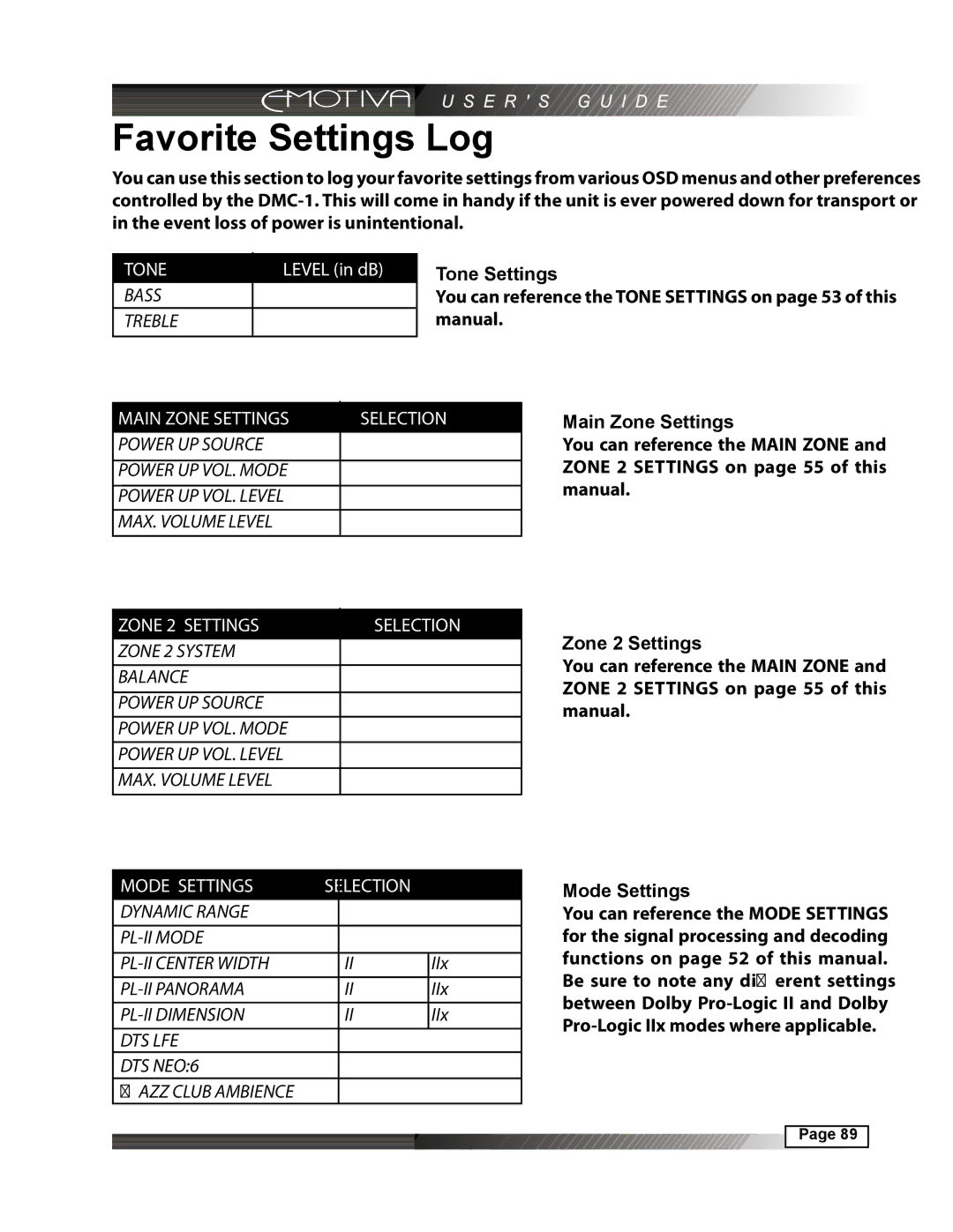 Emotiva DMC-1 manual Favorite Settings Log 