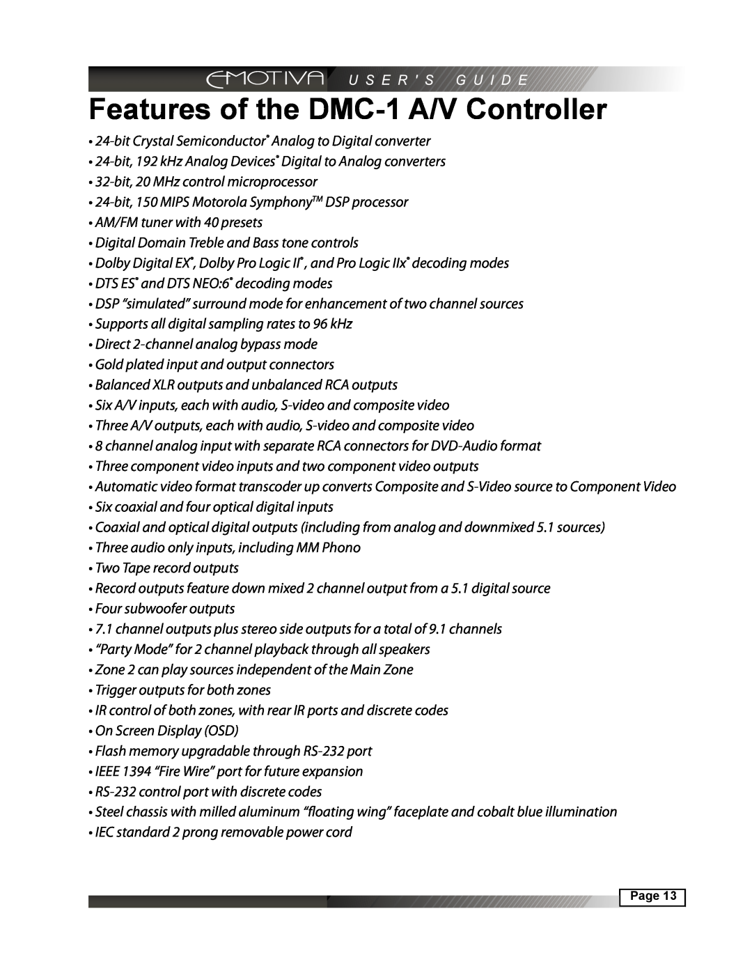 Emotiva manual Features of the DMC-1A/V Controller 