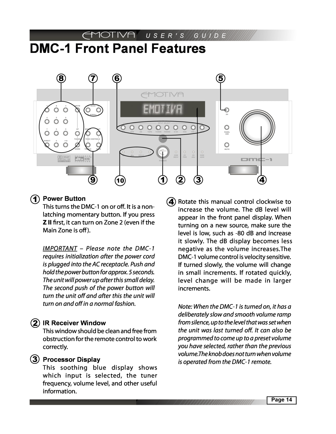 Emotiva manual DMC-1Front Panel Features, Power Button, IR Receiver Window, Processor Display 