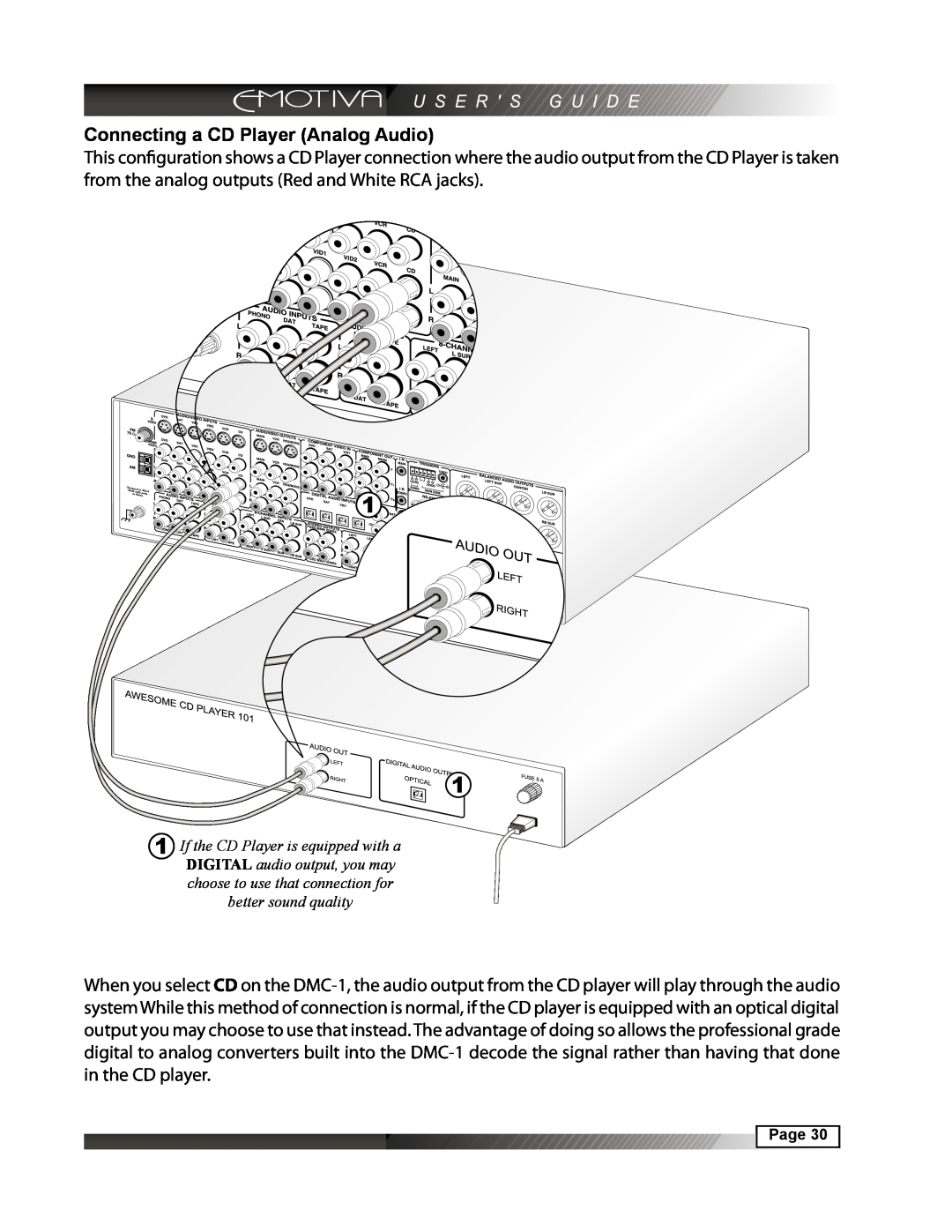 Emotiva DMC-1 manual Connecting a CD Player Analog Audio 