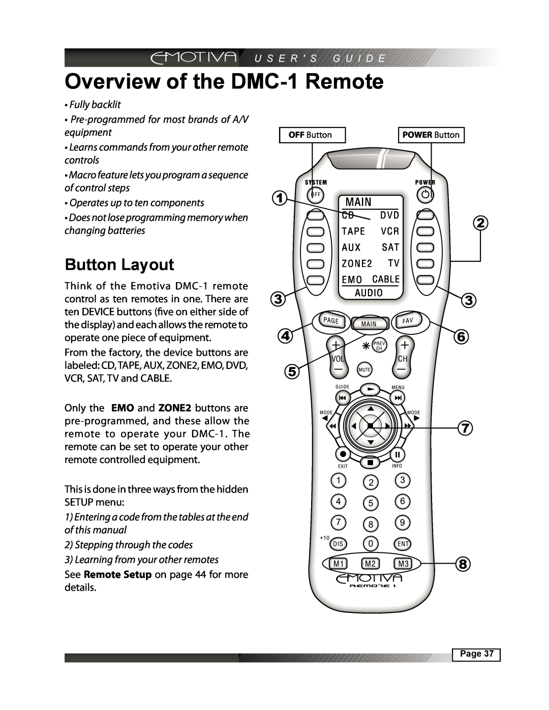 Emotiva manual Overview of the DMC-1Remote, Button Layout, 1 2 33 46 7 8 
