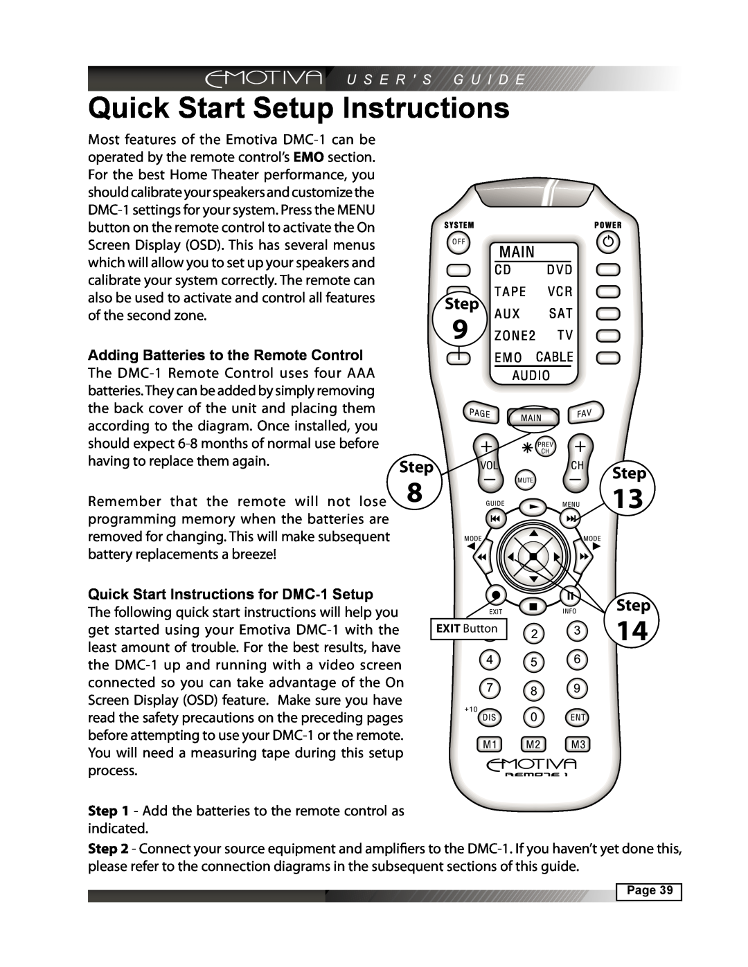 Emotiva DMC-1 manual Quick Start Setup Instructions, Step, Adding Batteries to the Remote Control 