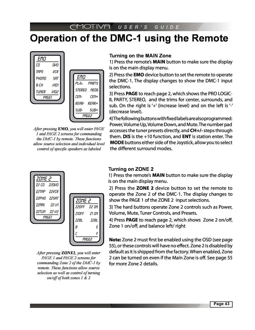 Emotiva manual Operation of the DMC-1using the Remote, Turning on the MAIN Zone, Turning on ZONE 
