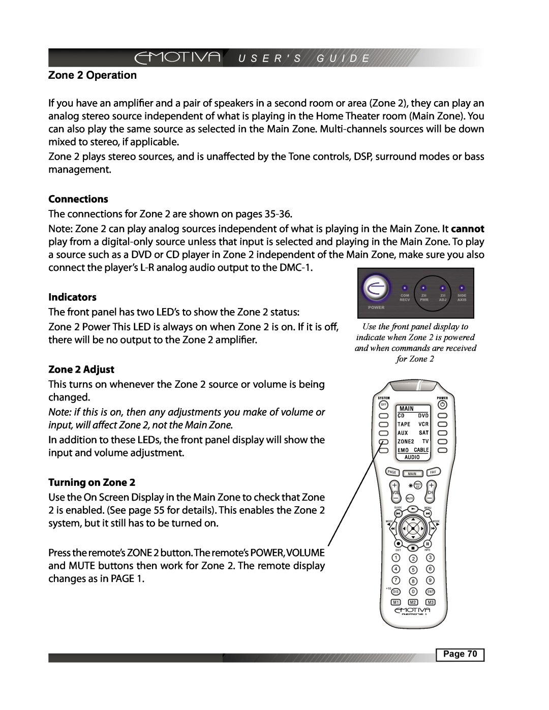 Emotiva DMC-1 manual Zone 2 Operation, Connections, Indicators, Zone 2 Adjust, Turning on Zone 