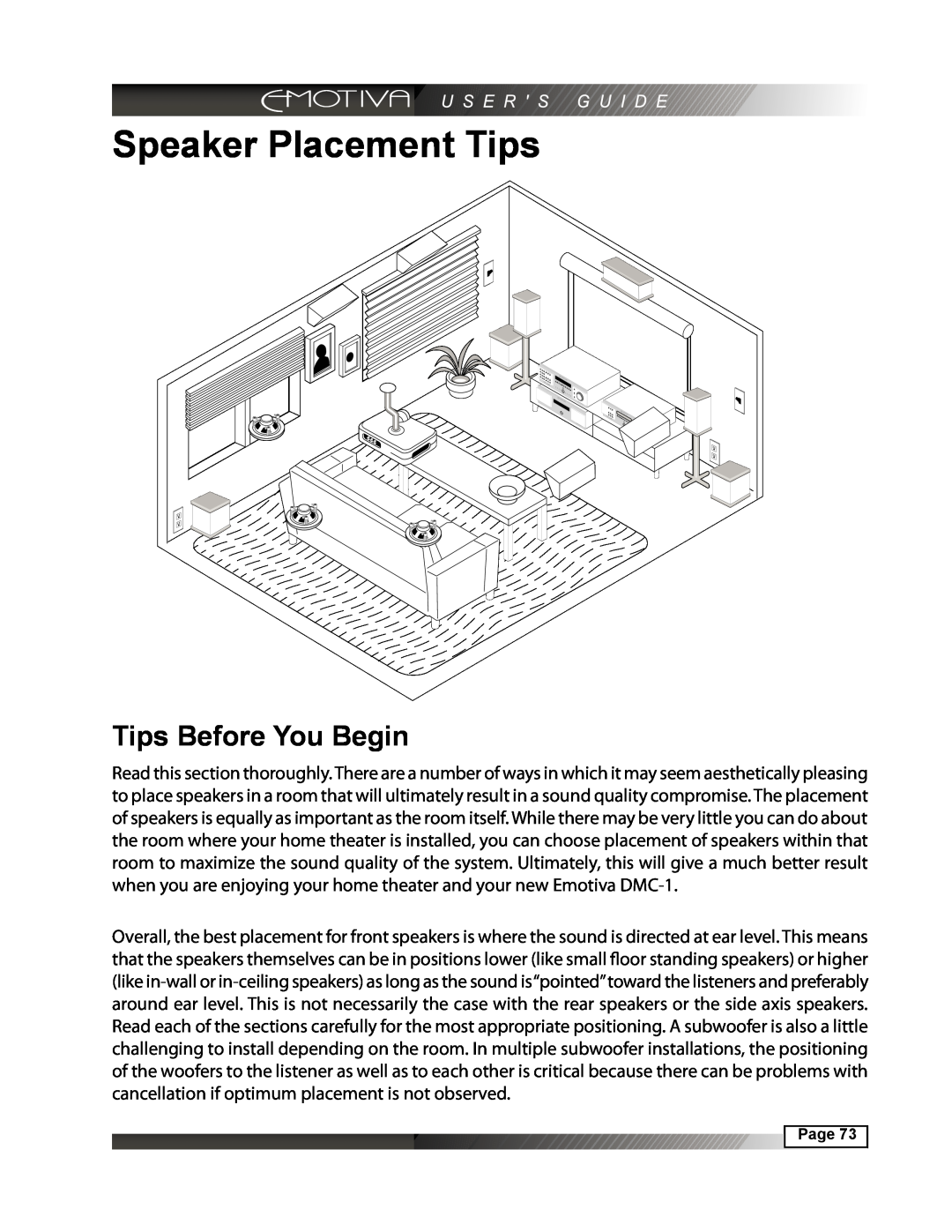 Emotiva DMC-1 manual Speaker Placement Tips, Tips Before You Begin 