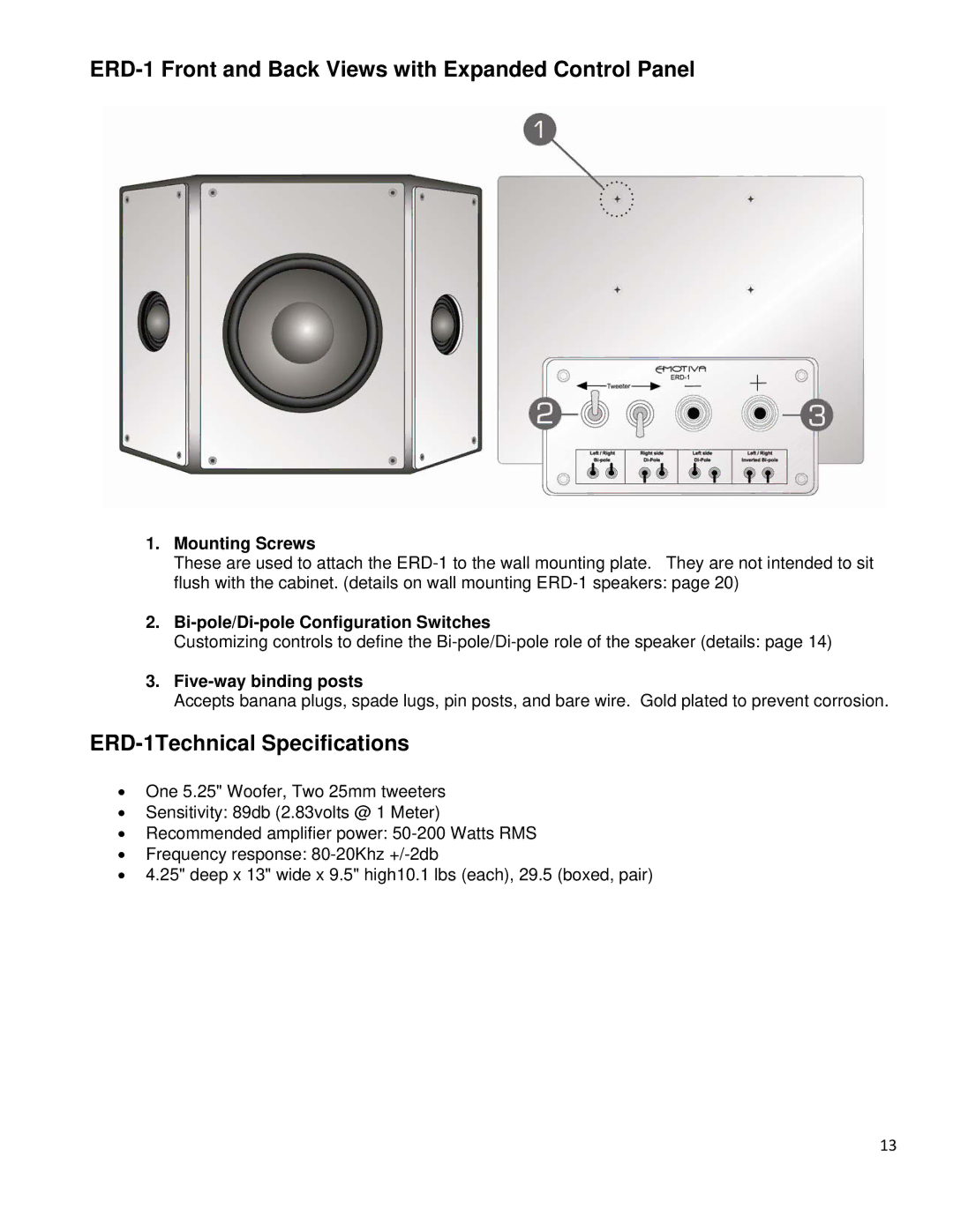 Emotiva ERM-1, ERM-6.3, ERM-6.2 manual ERD-1 Front and Back Views with Expanded Control Panel, ERD-1Technical Specifications 