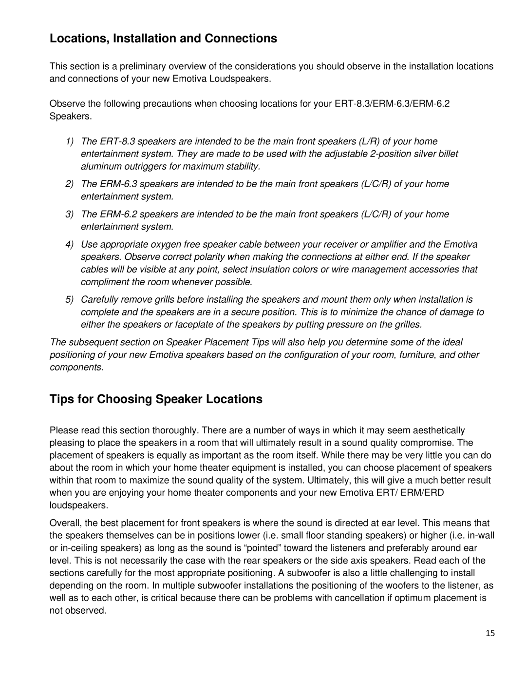 Emotiva ERT-8.3, ERM-6.3, ERM-1, ERM-6.2 manual Locations, Installation and Connections, Tips for Choosing Speaker Locations 