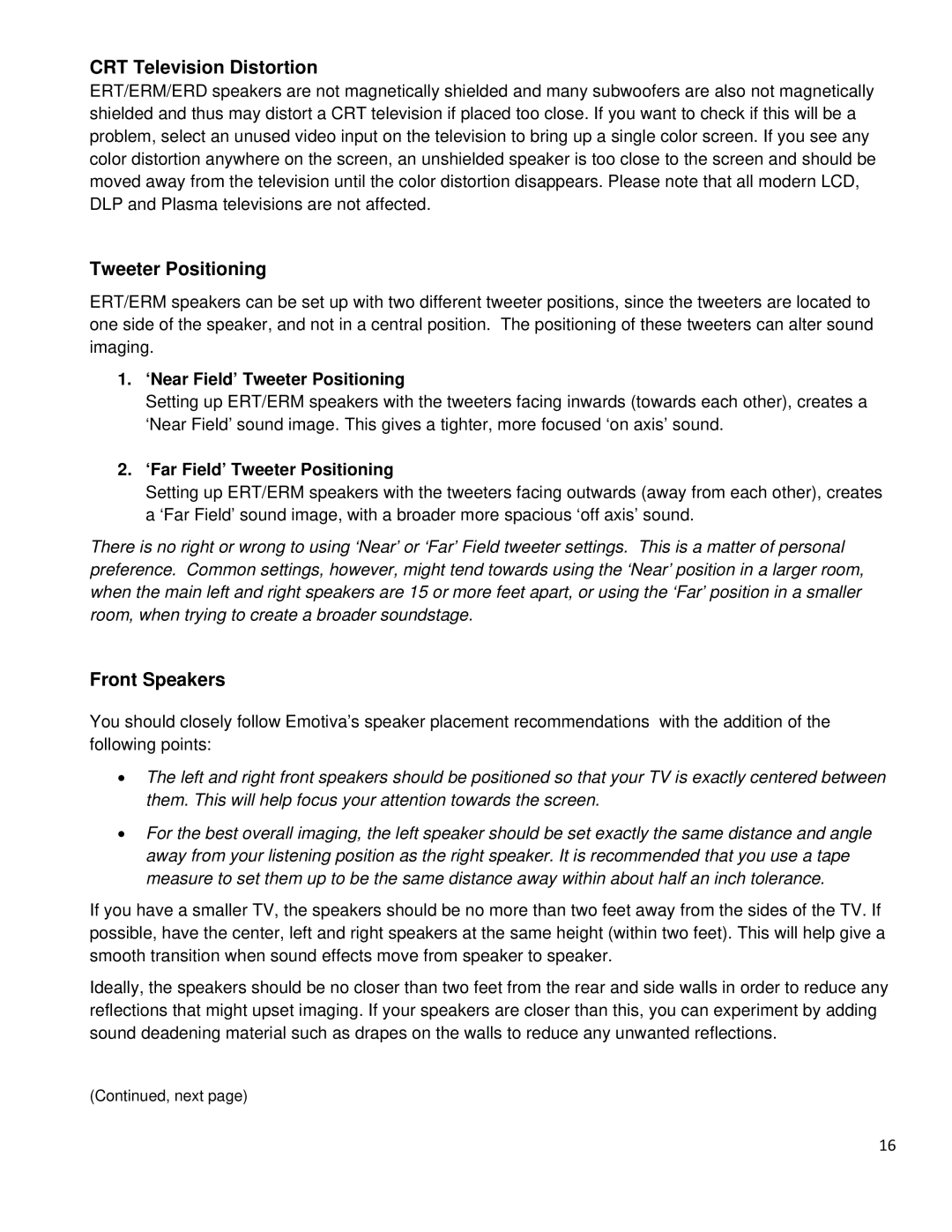 Emotiva ERM-6.3, ERM-1, ERM-6.2, ERT-8.3 manual CRT Television Distortion, Tweeter Positioning, Front Speakers 