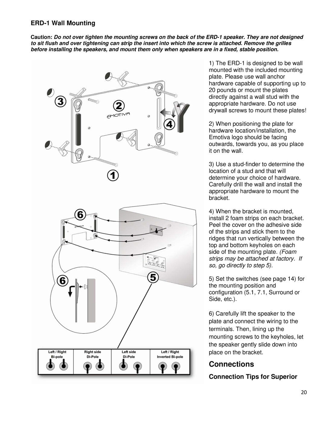 Emotiva ERM-6.3, ERM-1, ERM-6.2, ERT-8.3 manual ERD-1 Wall Mounting, Connection Tips for Superior 