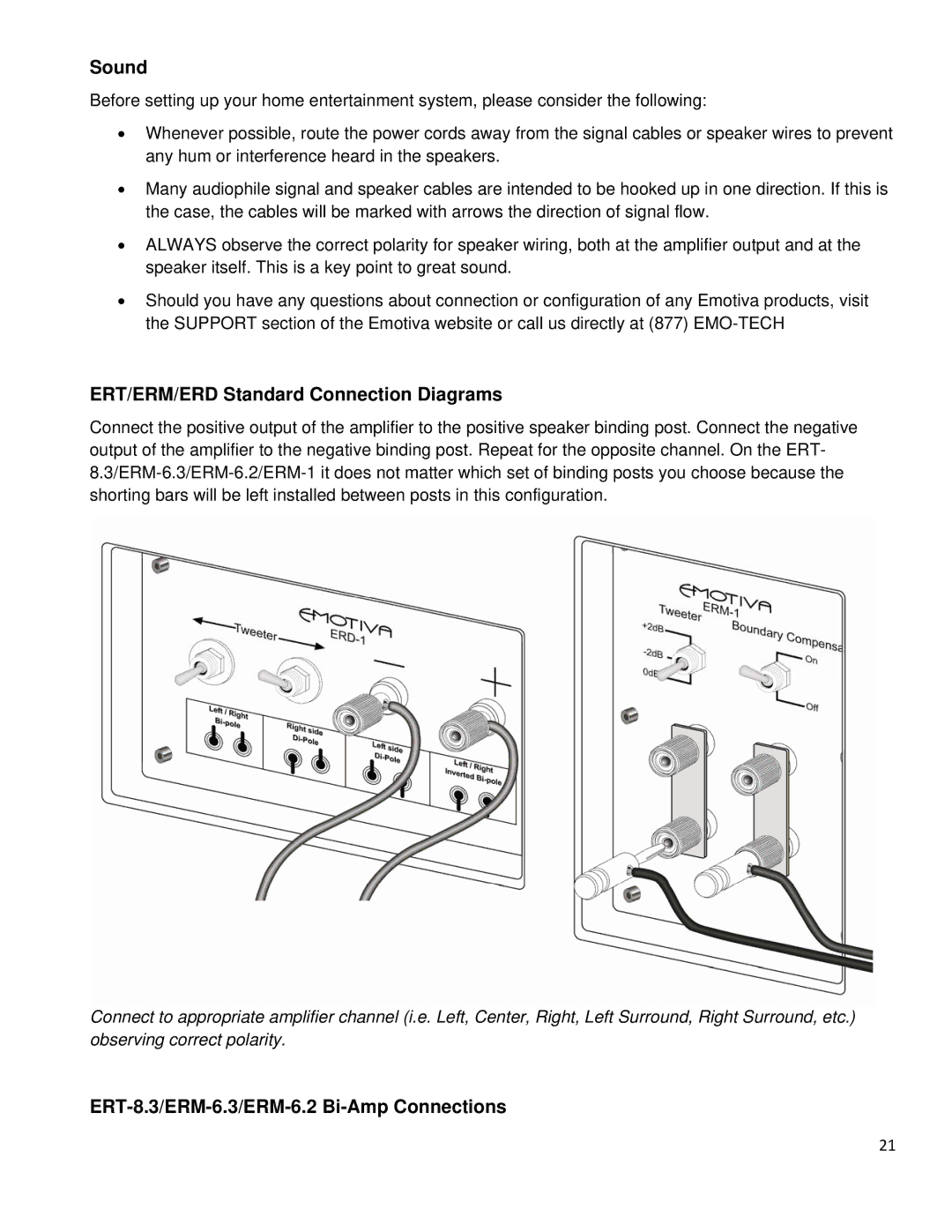 Emotiva ERM-1 manual Sound, ERT/ERM/ERD Standard Connection Diagrams, ERT-8.3/ERM-6.3/ERM-6.2 Bi-Amp Connections 