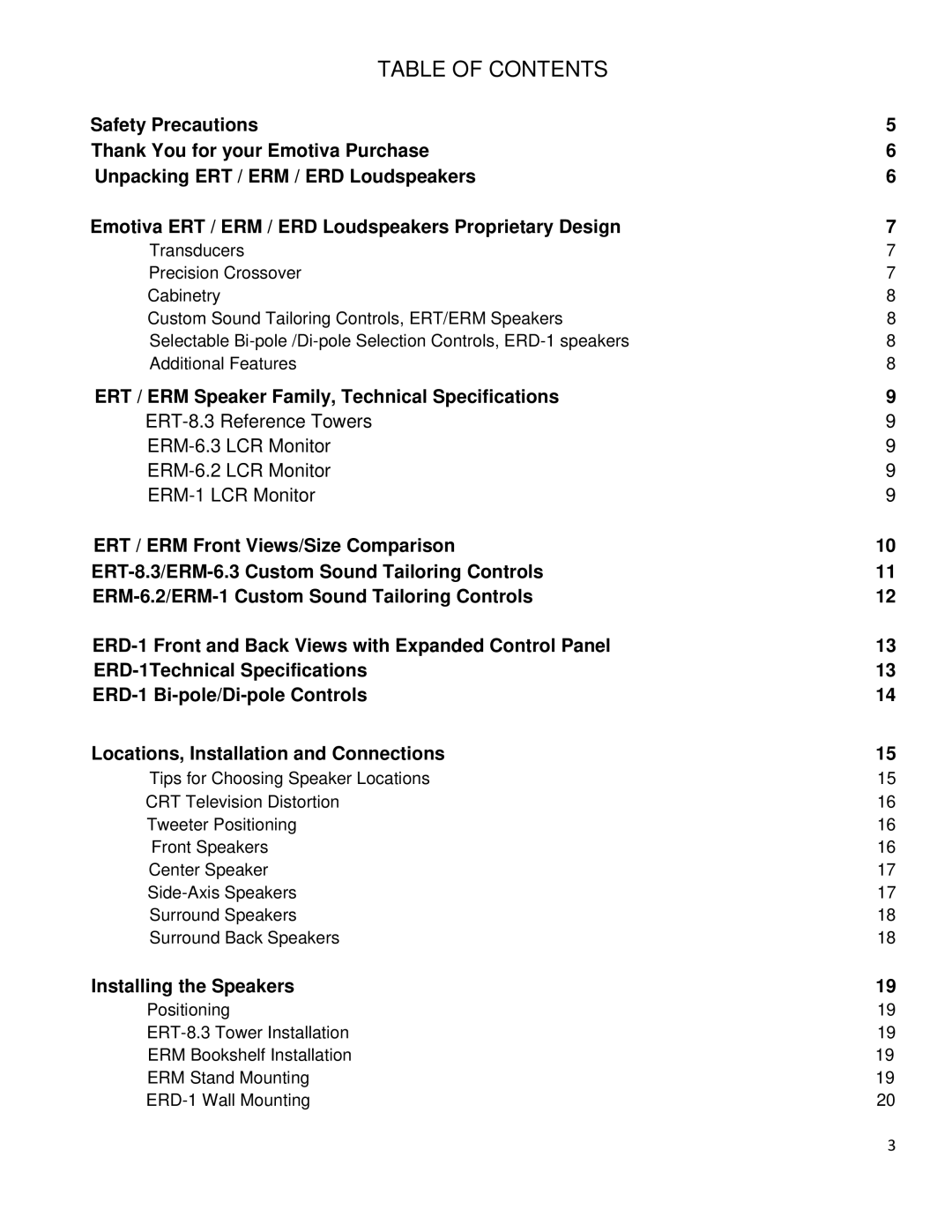 Emotiva ERT-8.3, ERM-6.3, ERM-1, ERM-6.2 manual Table of Contents 