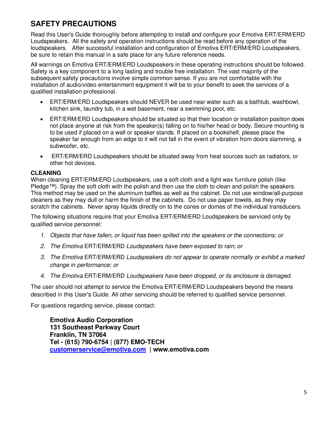 Emotiva ERM-1, ERM-6.3, ERM-6.2, ERT-8.3 manual Safety Precautions 