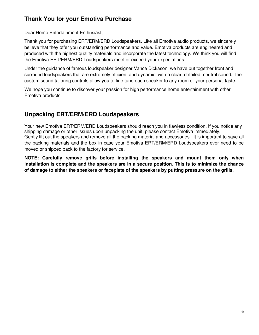 Emotiva ERM-6.2, ERM-6.3, ERM-1, ERT-8.3 manual Thank You for your Emotiva Purchase, Unpacking ERT/ERM/ERD Loudspeakers 