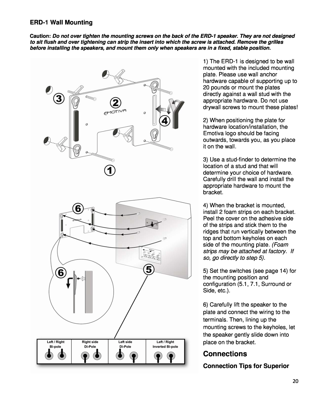 Emotiva ERM-6.3, ERM-1, ERM-6.2, ERT-8.3 manual ERD-1Wall Mounting, Connection Tips for Superior, Connections 
