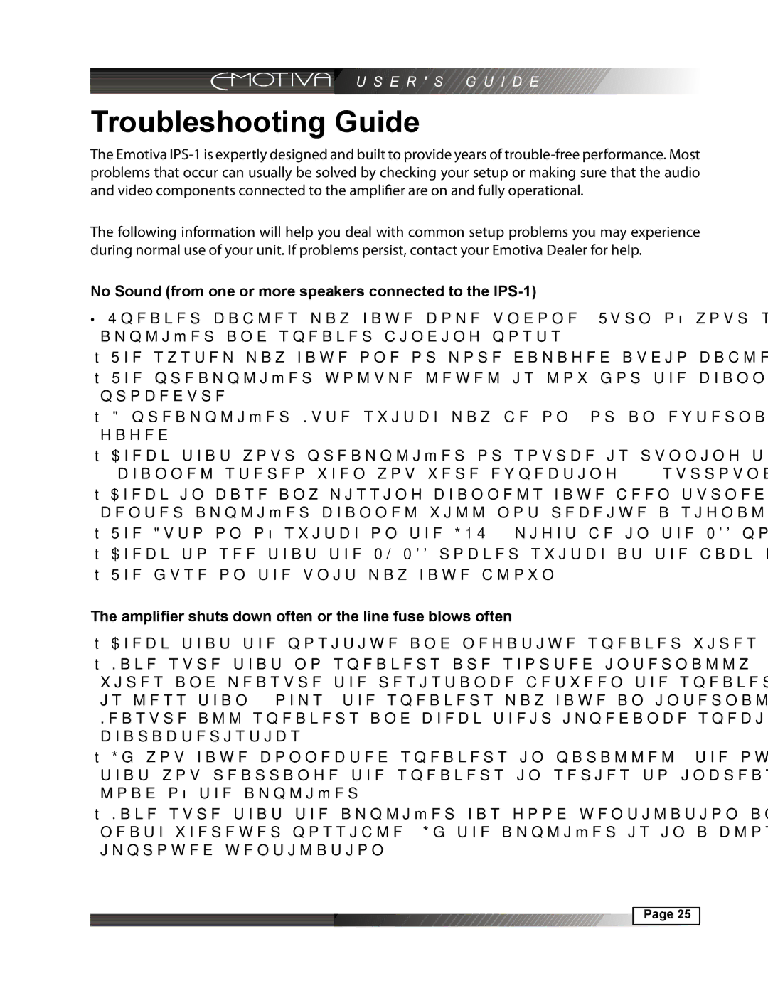 Emotiva manual Troubleshooting Guide, No Sound from one or more speakers connected to the IPS-1 