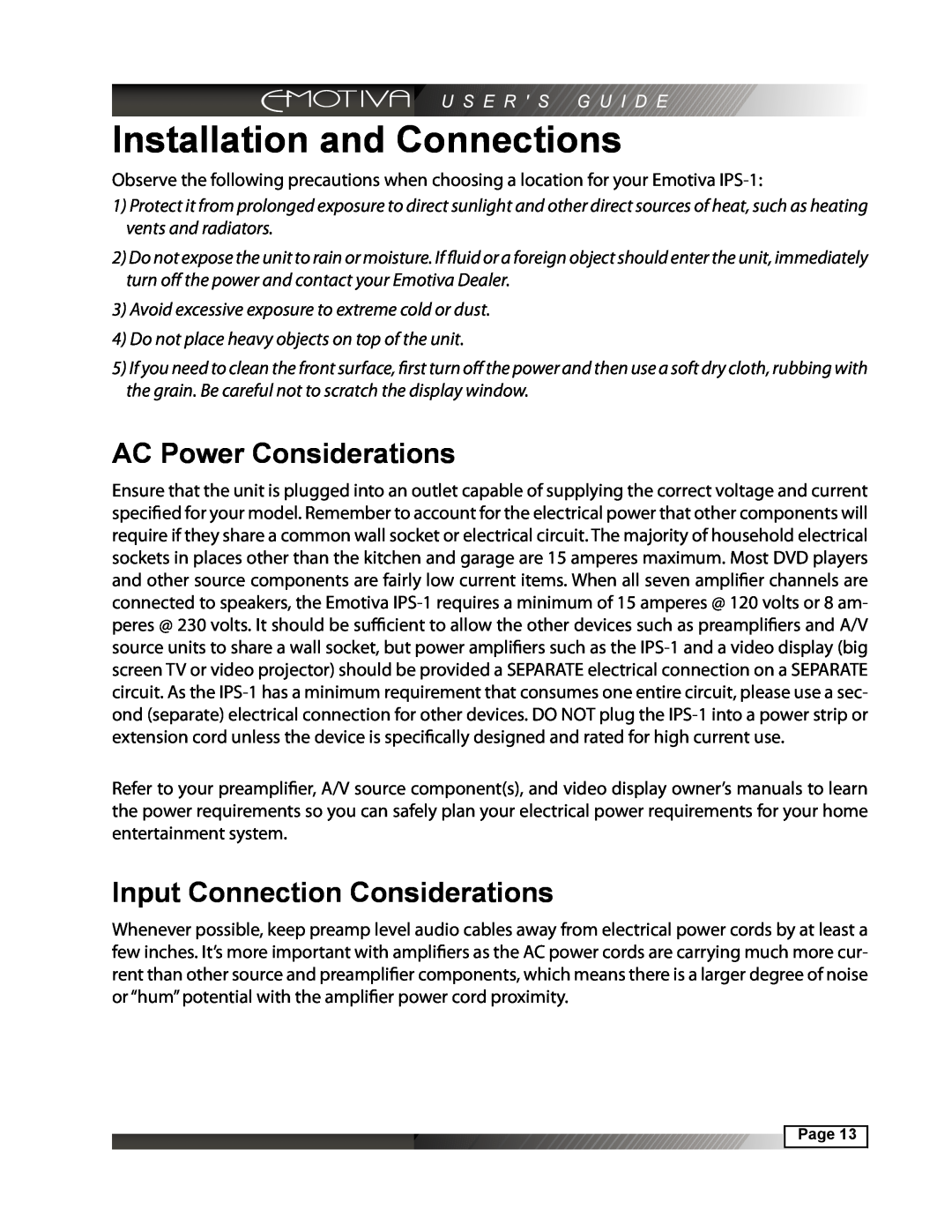 Emotiva IPS-1 manual Installation and Connections, AC Power Considerations, Input Connection Considerations 