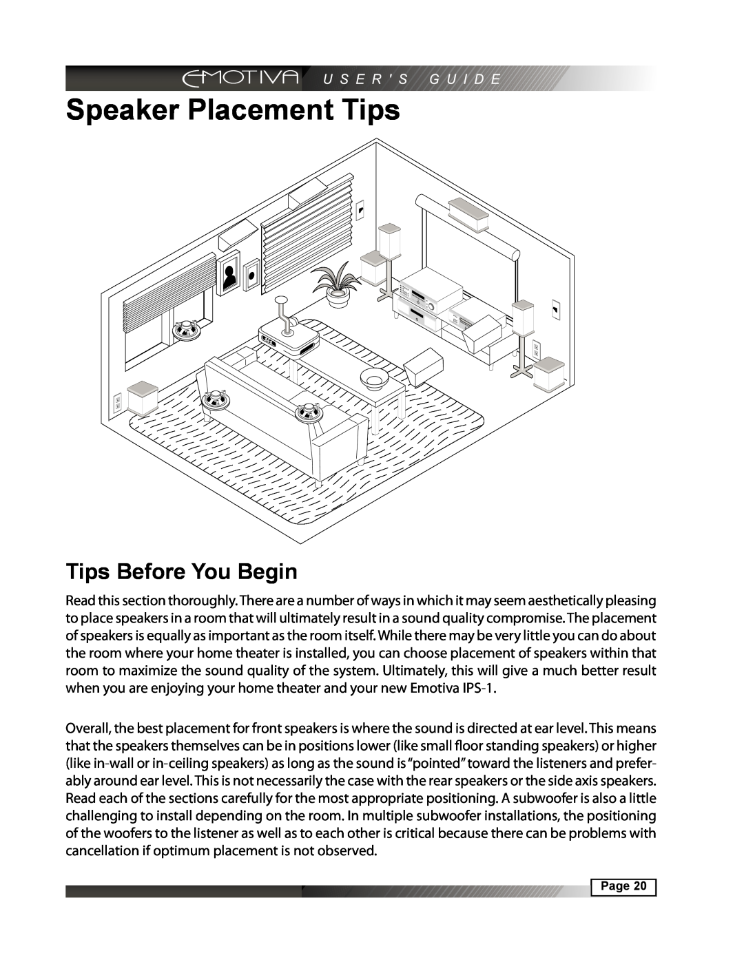 Emotiva IPS-1 manual Speaker Placement Tips, Tips Before You Begin 